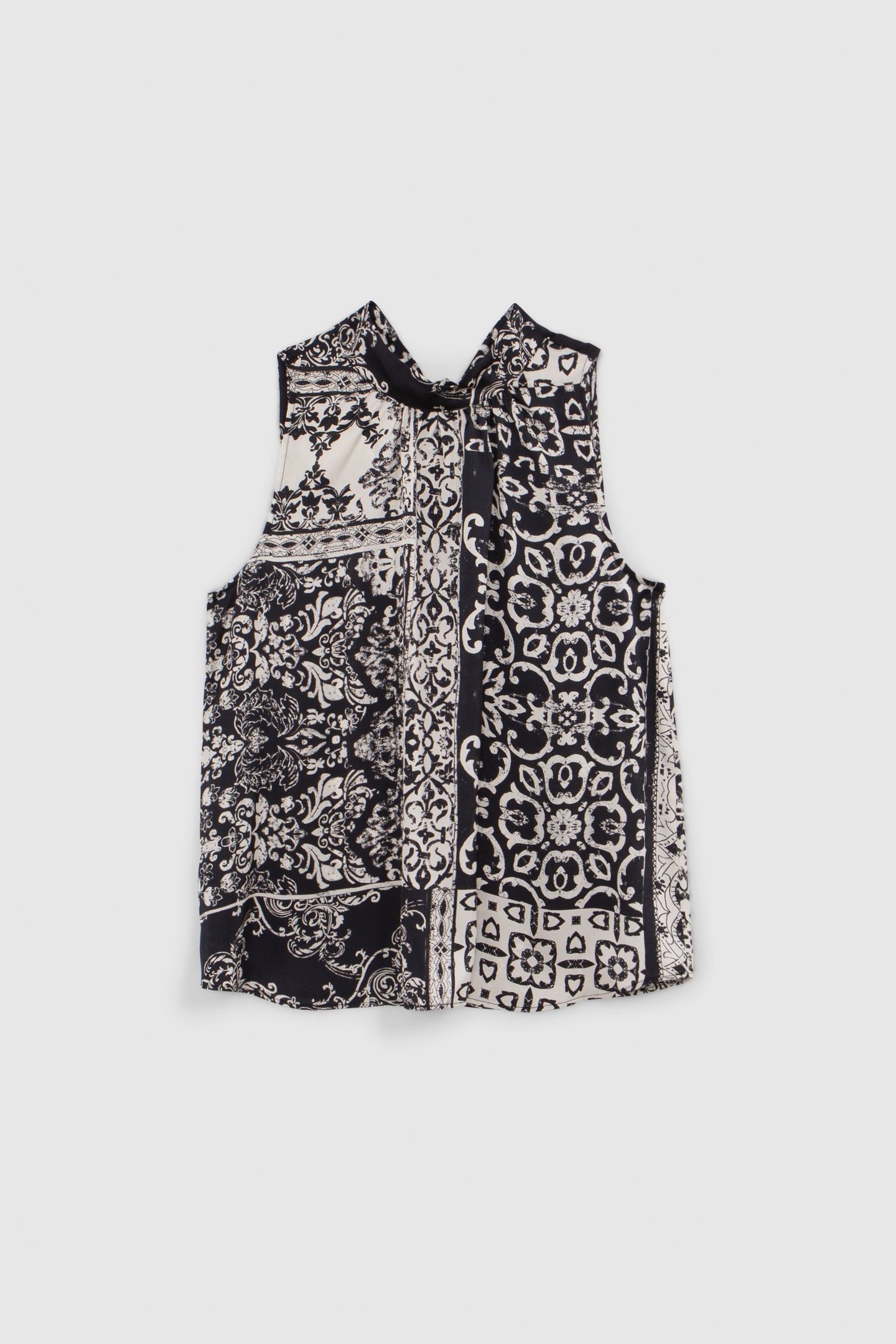 BLACK PATCHWORK PRINT SCARF HIGH NECK TOP 9