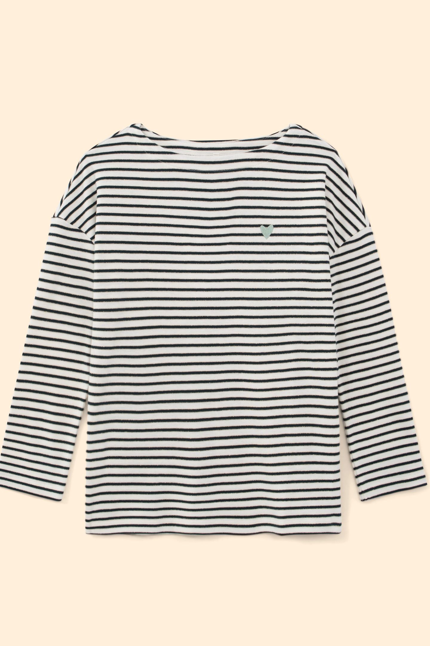 ECRU, NAVY, GOLD STRIPED T-SHIRT, EMBROIDERED HEART ECRU 7