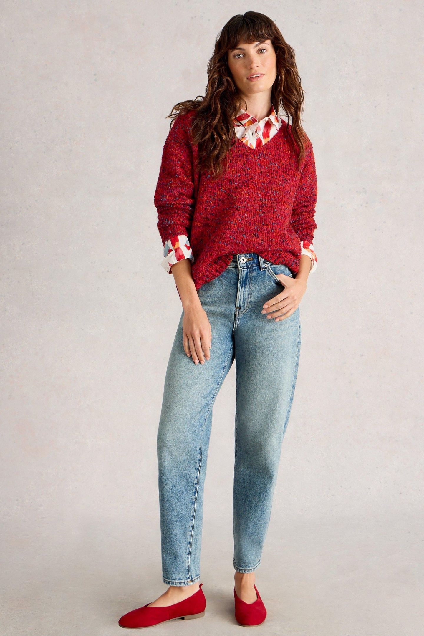 TEXTURE V NECK MID RED 2