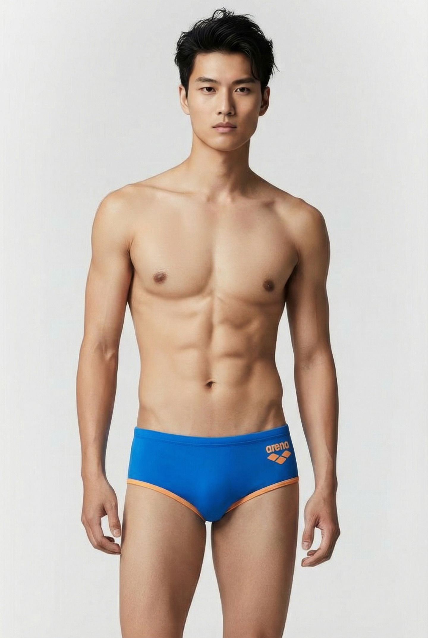 MEN'S ARENA ONE 12CM SWIM BRIEFS BIG LOG BLUE RIVER FLUO ORA 1