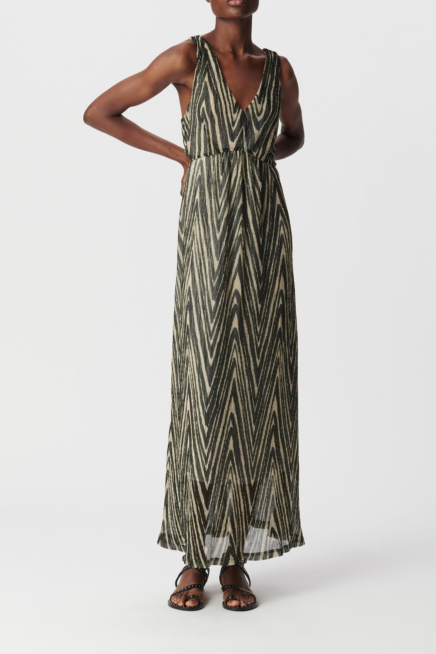 BLACK LONG DRESS WITH GOLD HERRINGBONE PATTERN 1