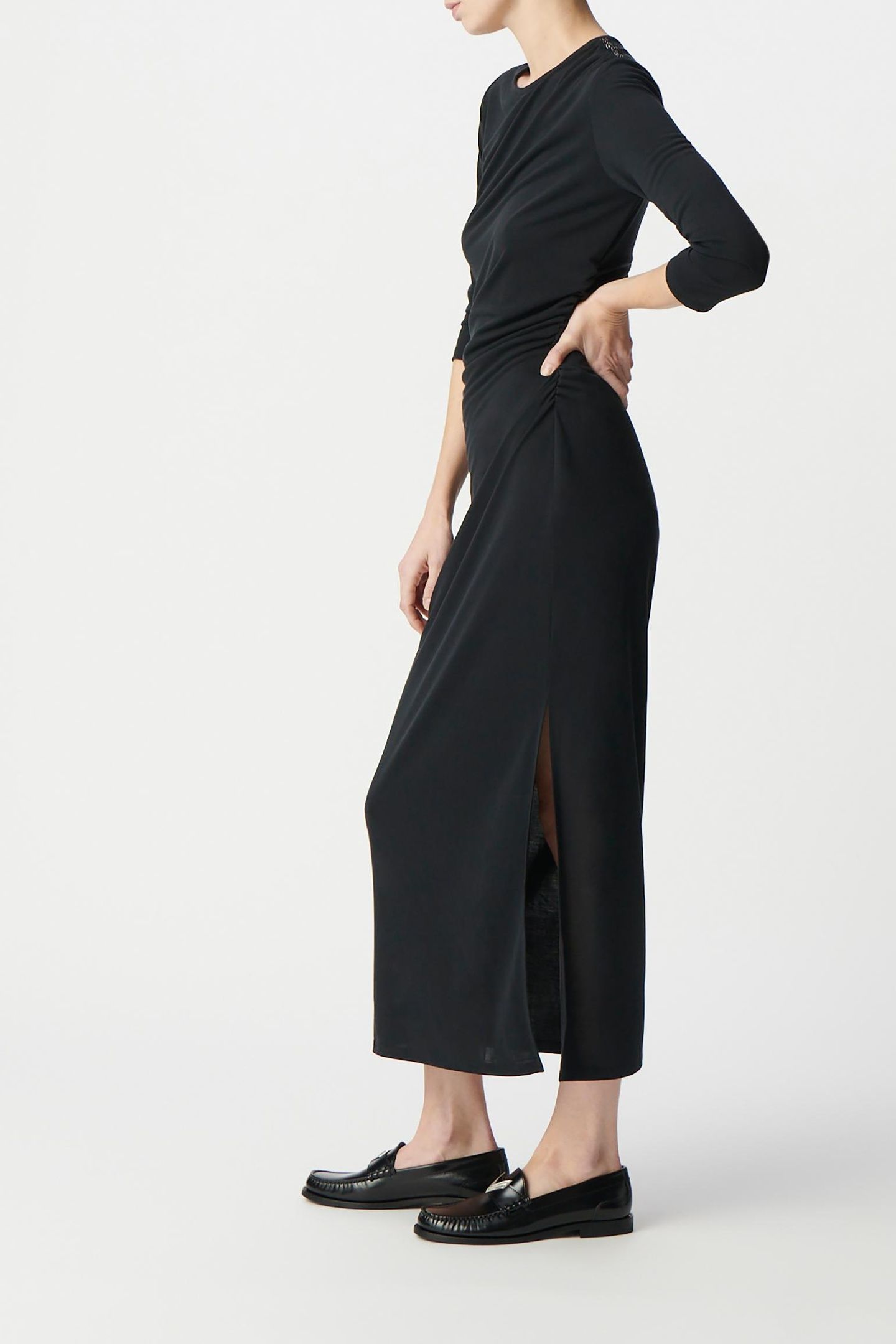 GATHERED BLACK EVENING DRESS WITH RHINESTONE SHOULDERS 3