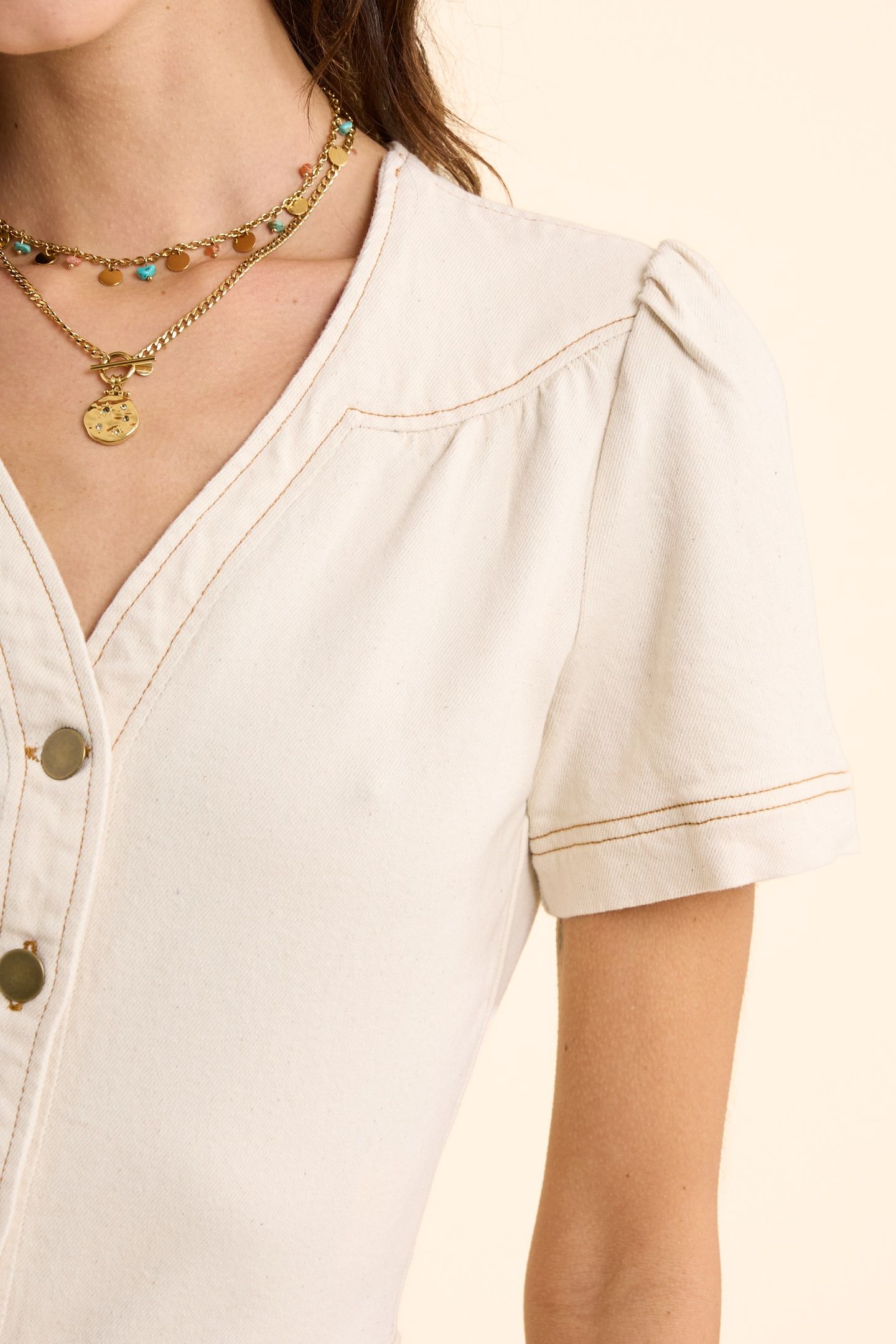 ECRU DENIM DRESS WITH OCHRE TOPSTITCHING ECRU 6