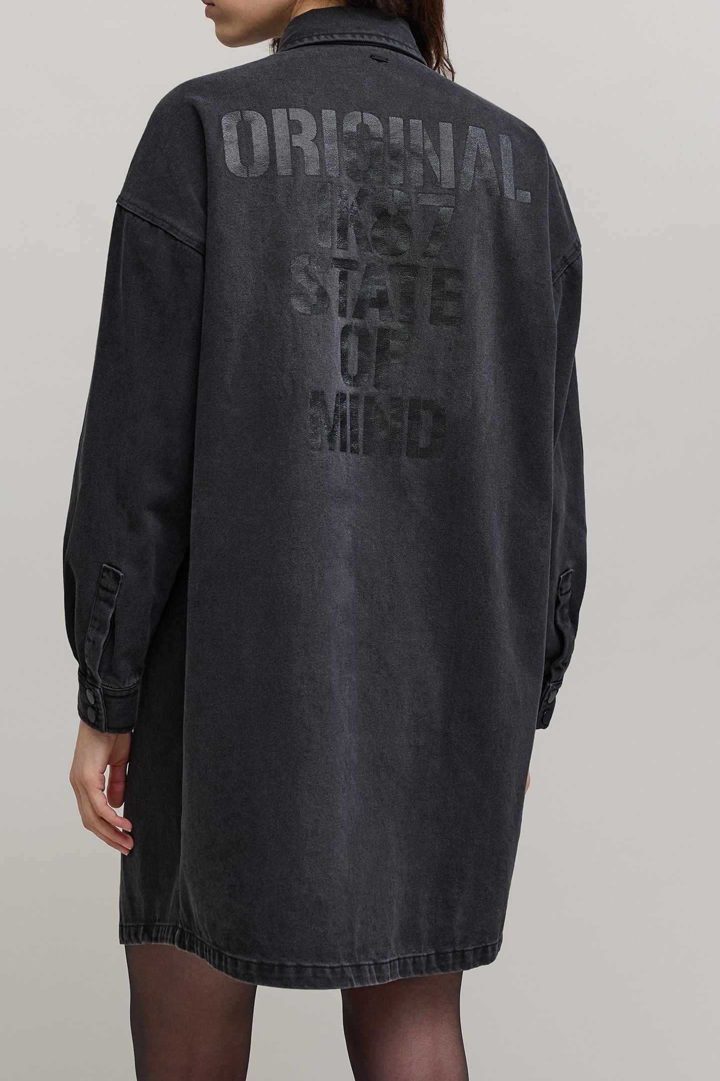 BLACK HERRINGBONE PRINT DENIM SHIRT DRESS WOMEN 3
