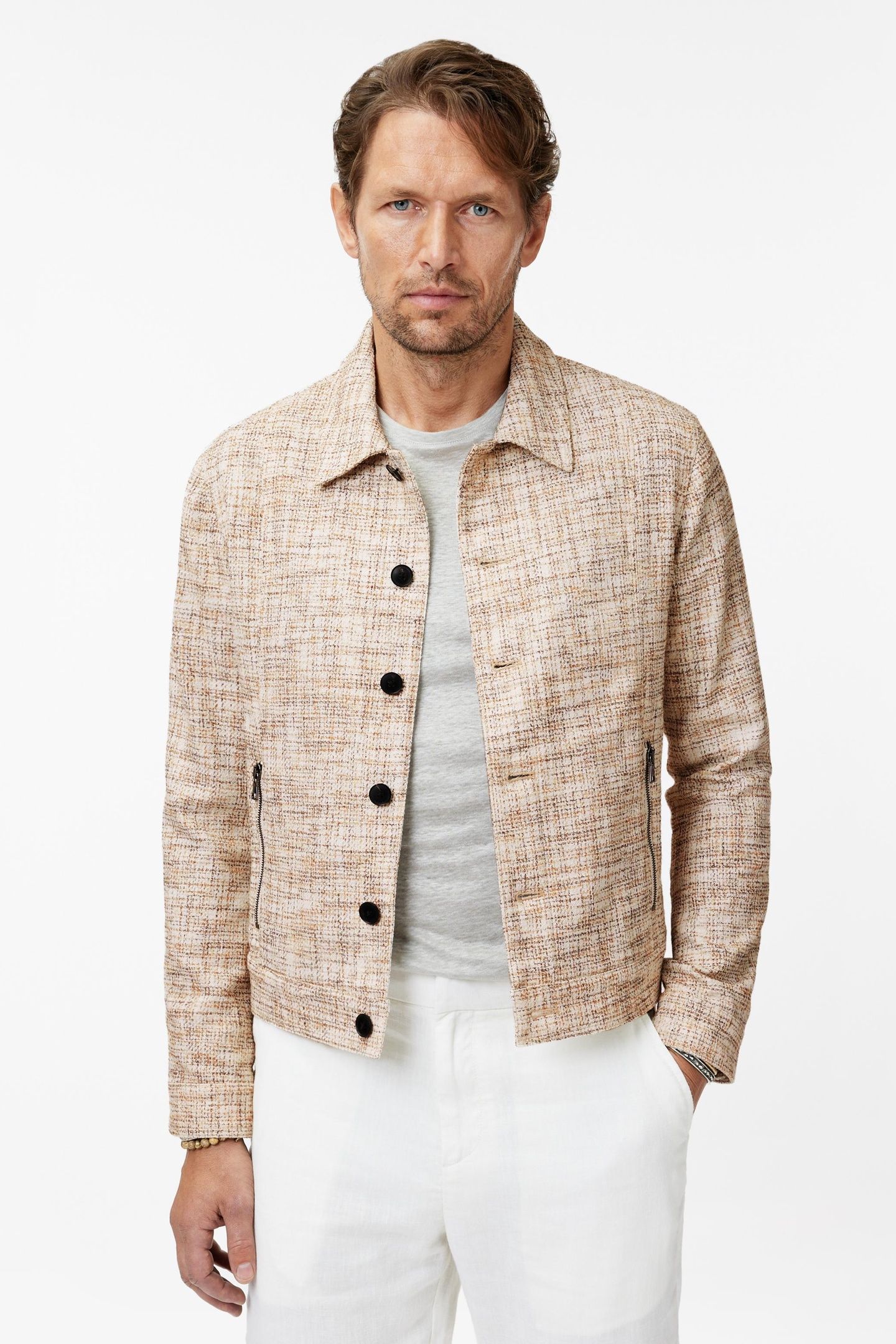 TRUCKER JACKET WITH FRONT DOUBLE ZIPPERS NATURAL 1