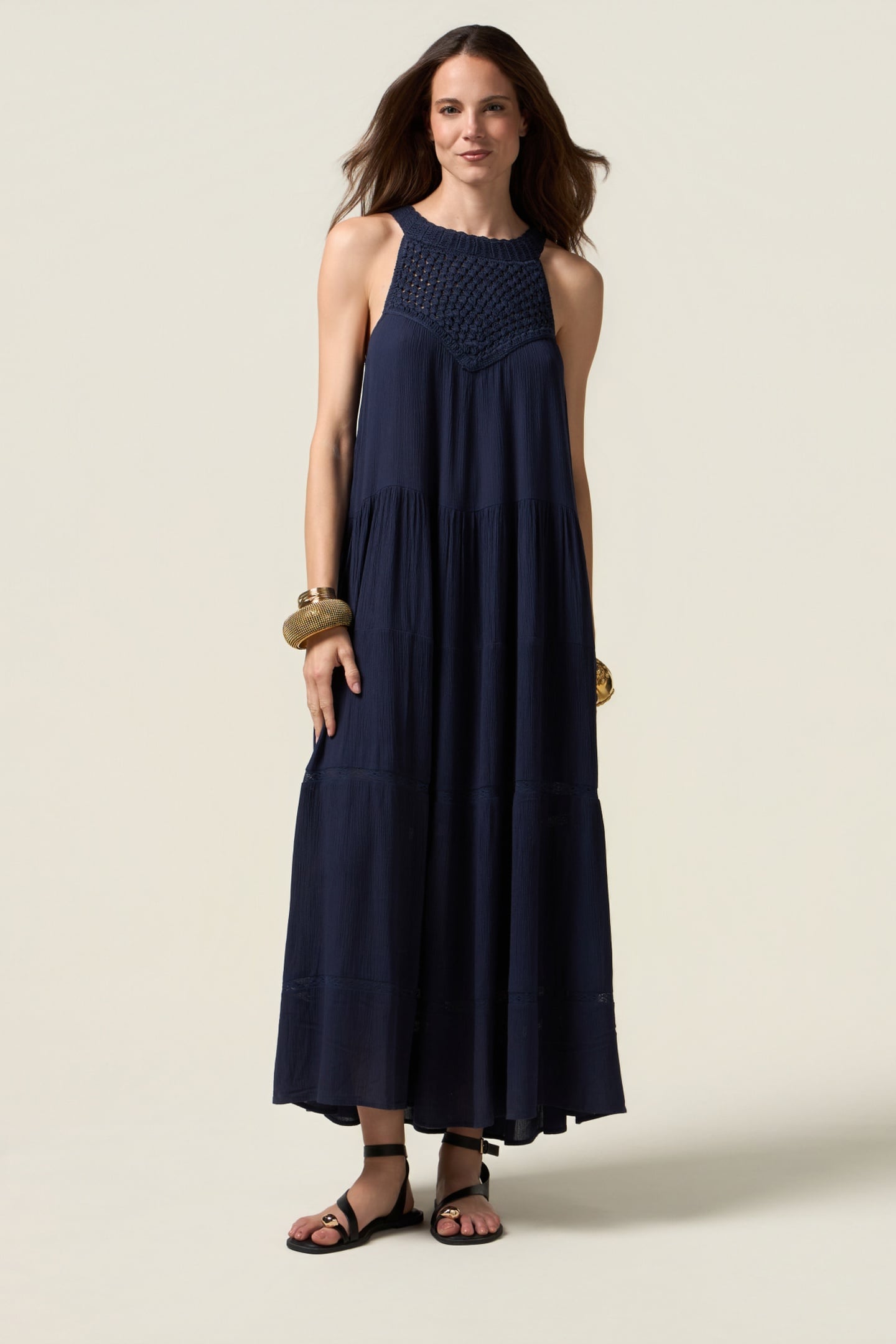 LONG DRESS WITH CROCHET INSERT BLUE 1