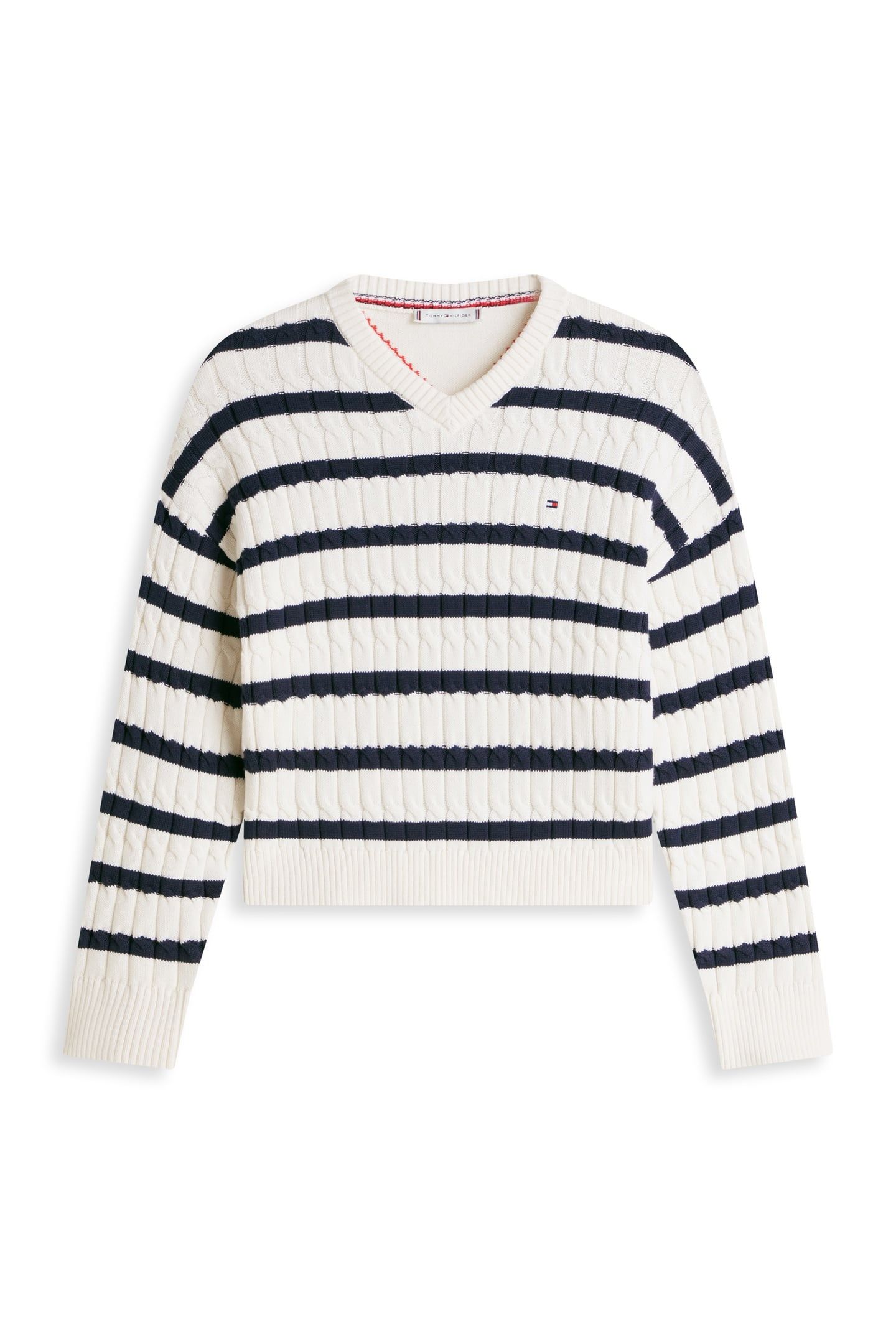CABLE-KNIT V-NECK SWEATER IVORY PETAL/DARK NAVY 5