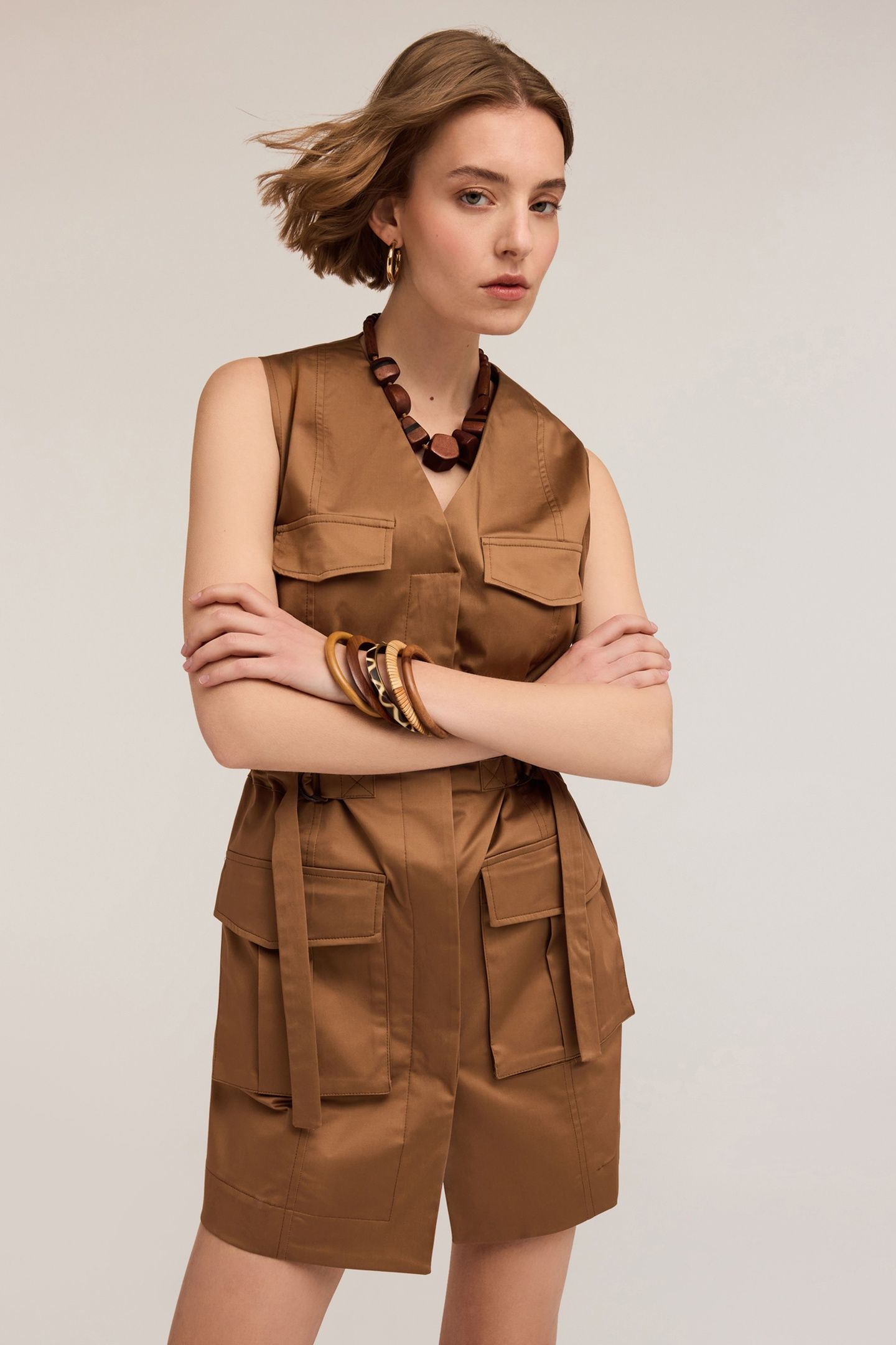 SATIN SAHARIENNE STYLE DRESS BROWN 1