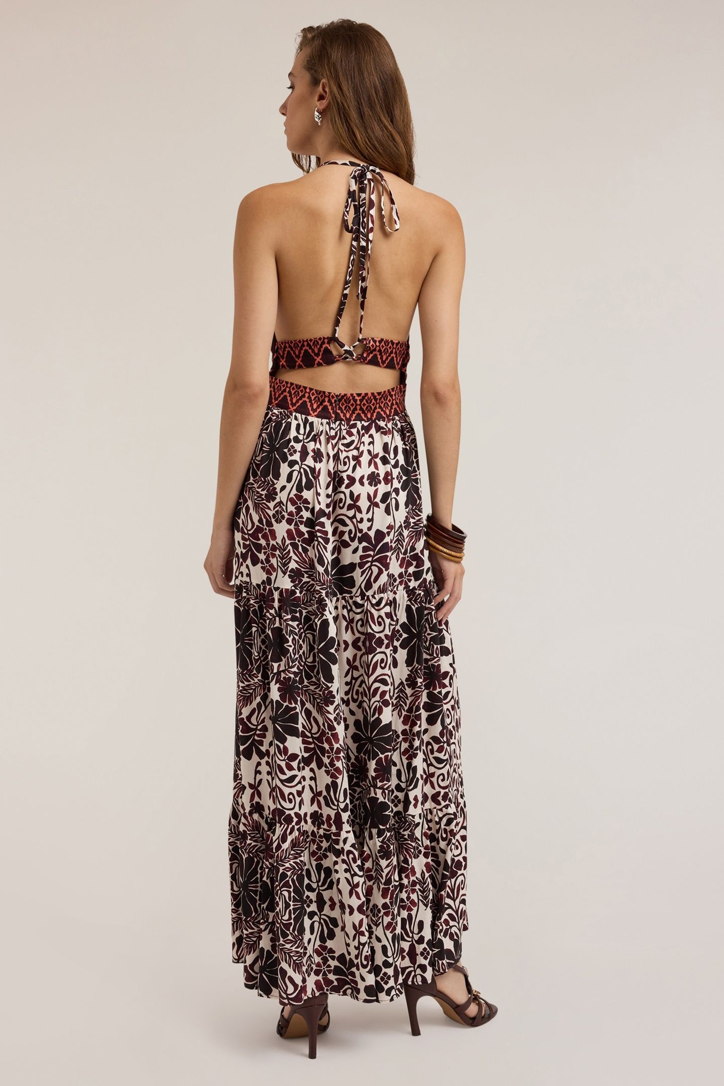 LONG SUMMER DRESS WITH ETHNIC PATTERN BROWN 2