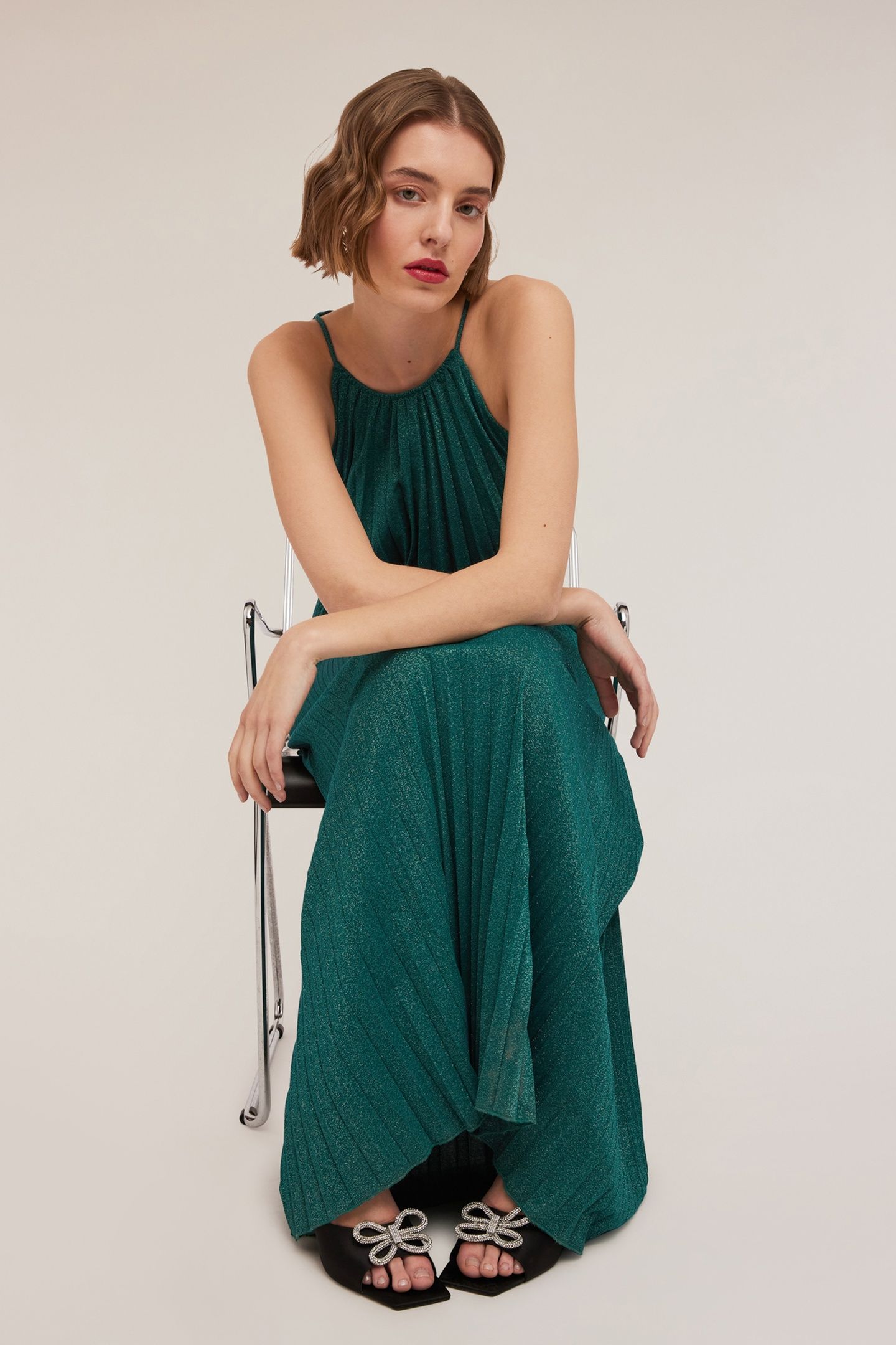LONG PLEATED LUREX JERSEY DRESS GREEN 4
