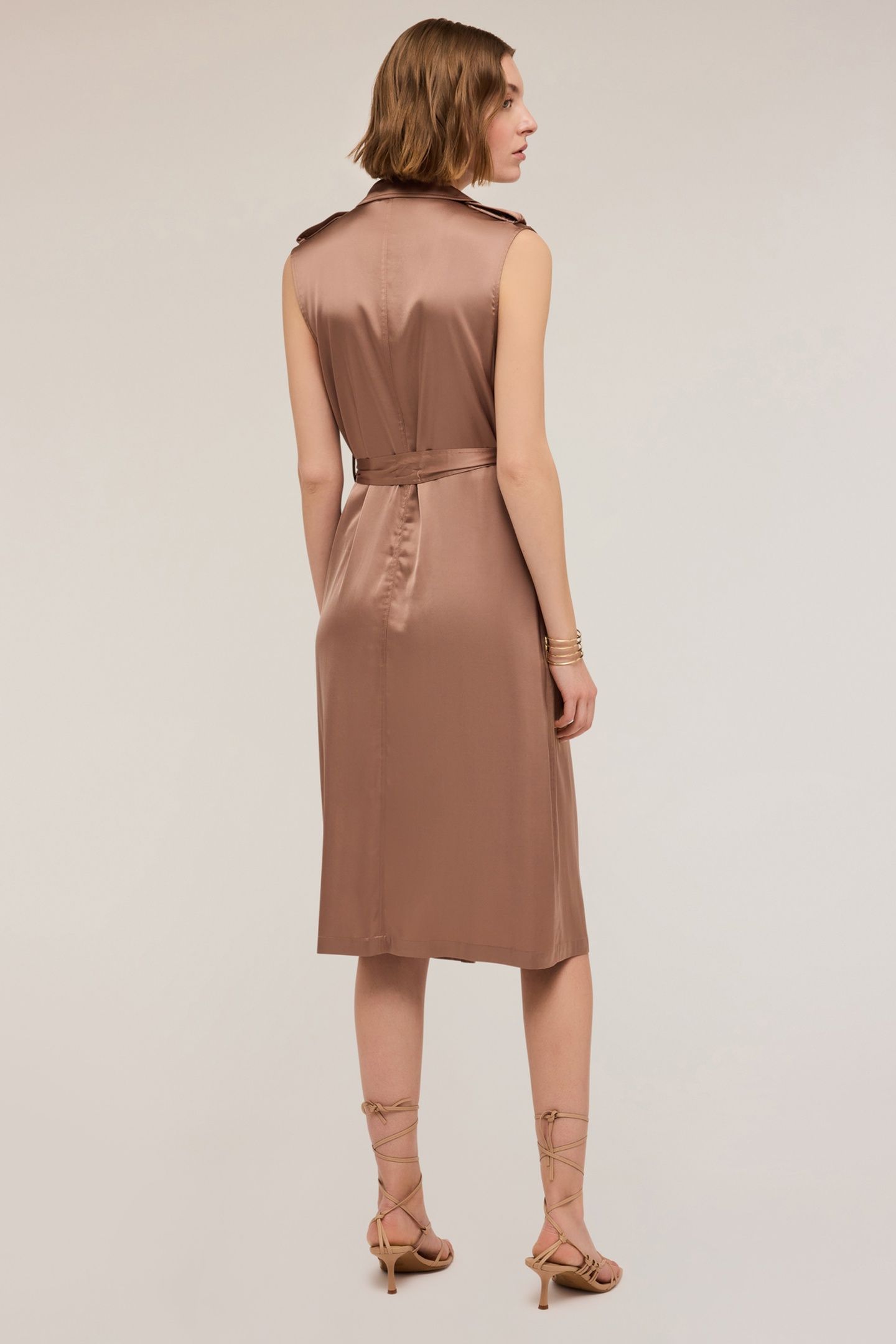 DOUBLE BREASTED SHINY SATIN DRESS BROWN 2