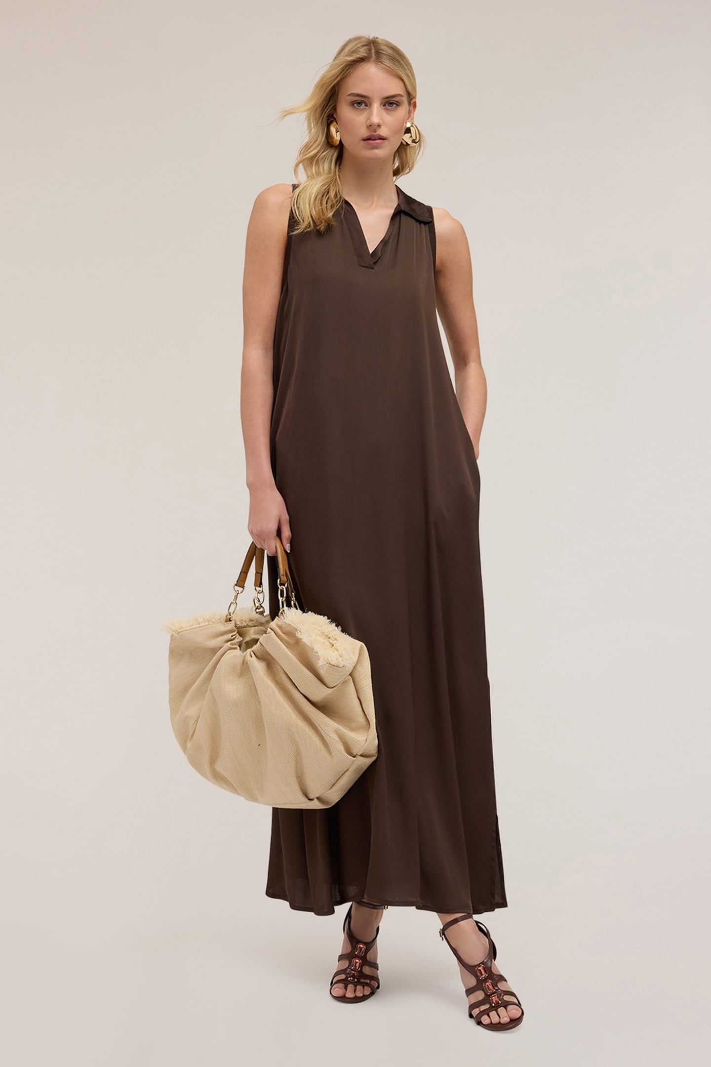 LONG DRESS WITH SATIN COLLAR BROWN 1