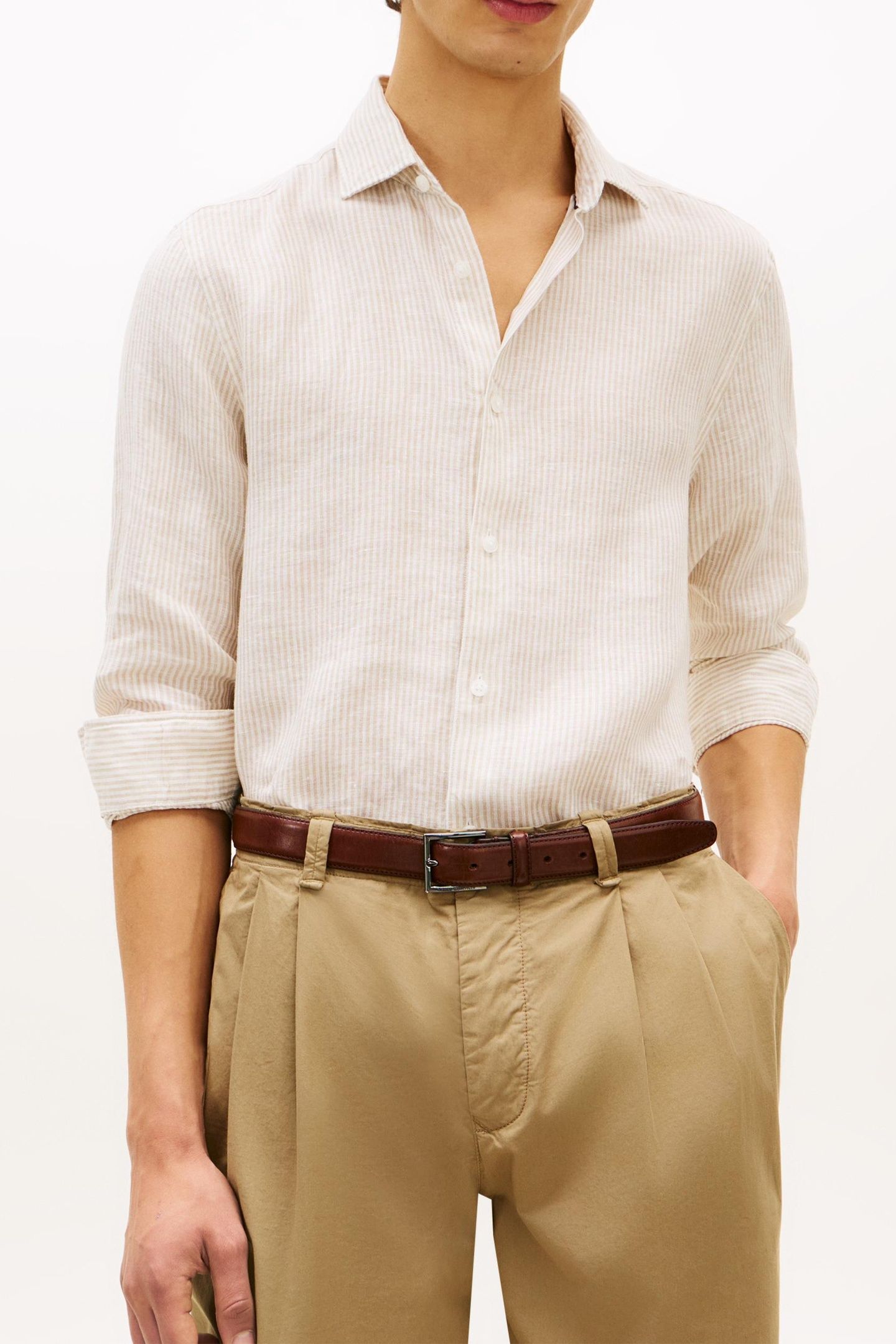 DC LINEN STRIPE SHIRT SANDALWOOD/ECRU 1