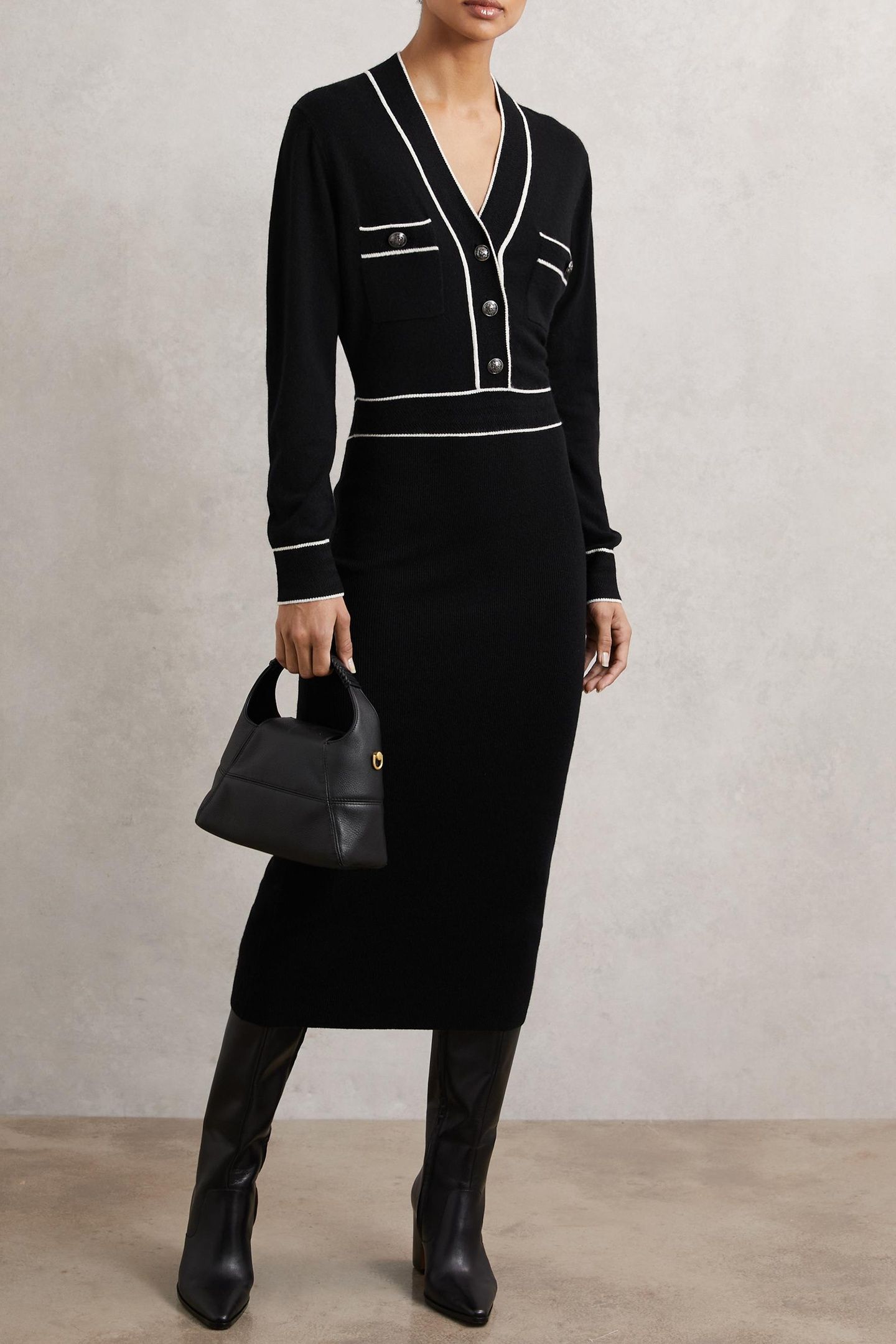 BUTTON FRONT KNITTED MIDI DRESS BLACK/IVORY 2
