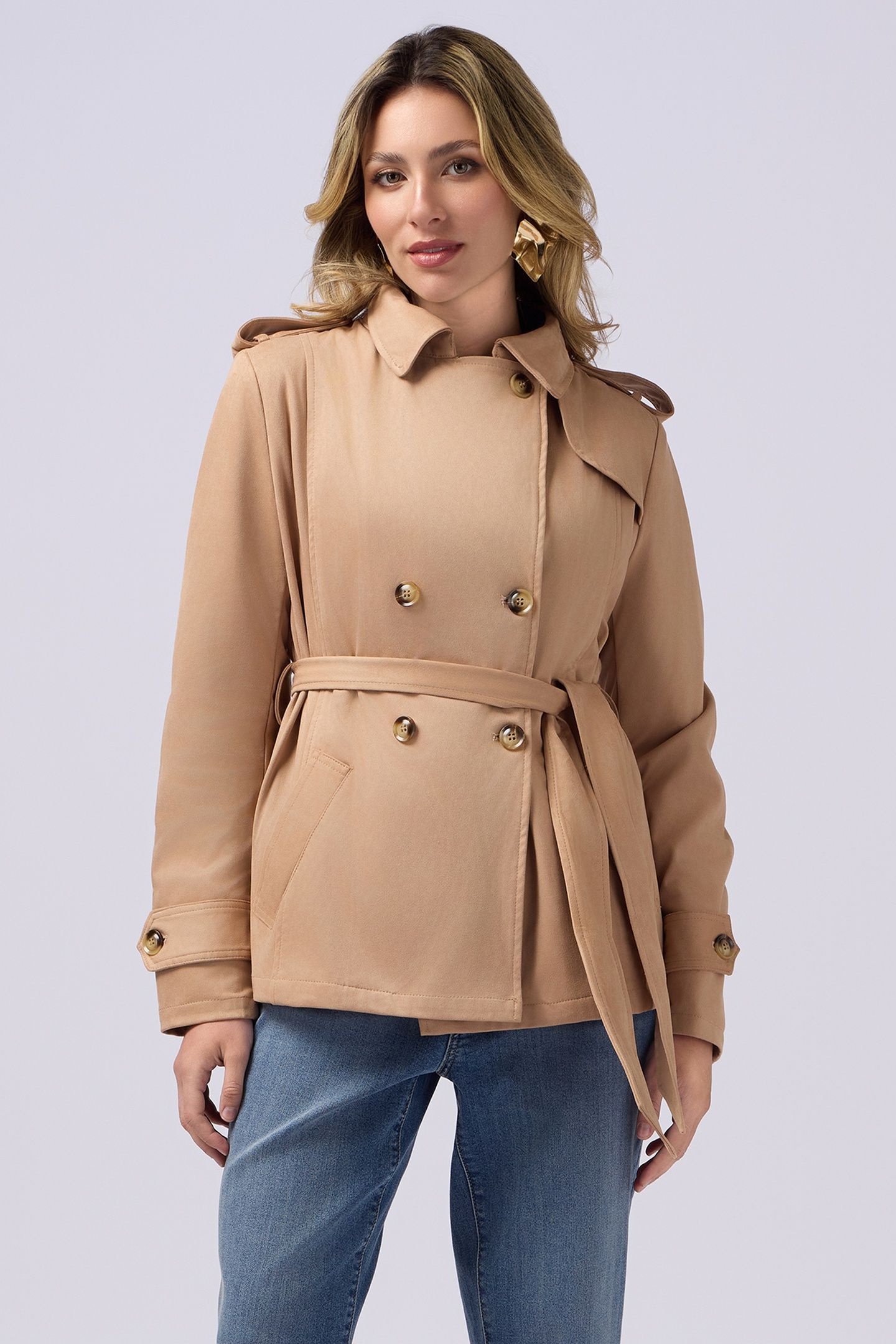 SHORT SUEDE-EFFECT TRENCH COAT BEIGE 2
