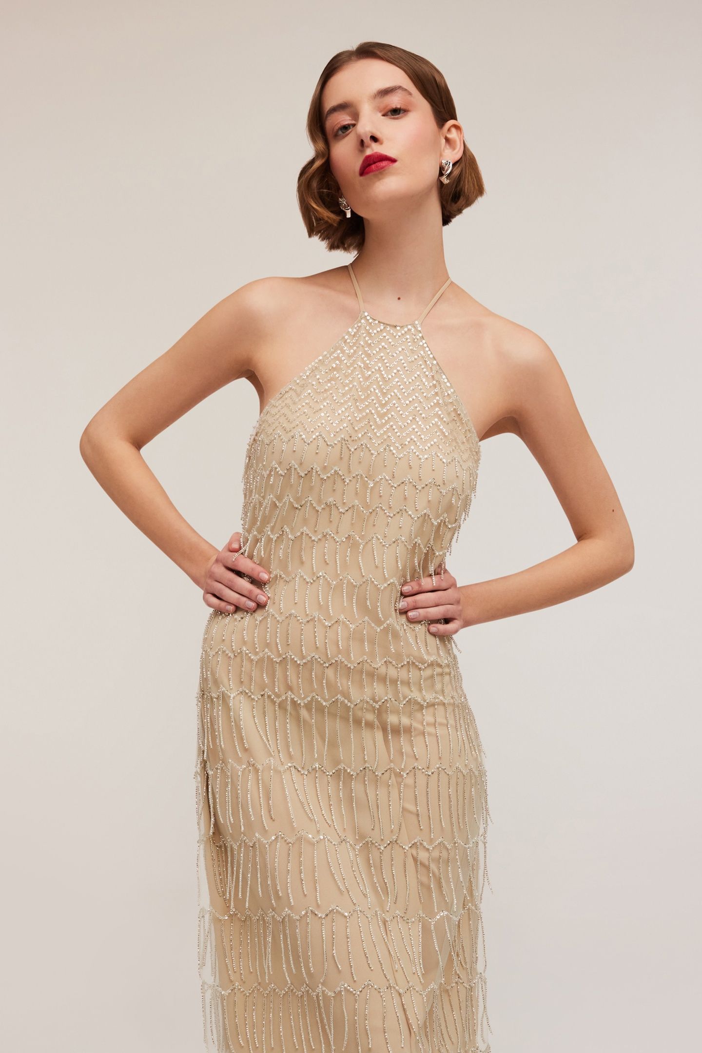 EMBROIDERED DRESS WITH FRINGES BEIGE 3