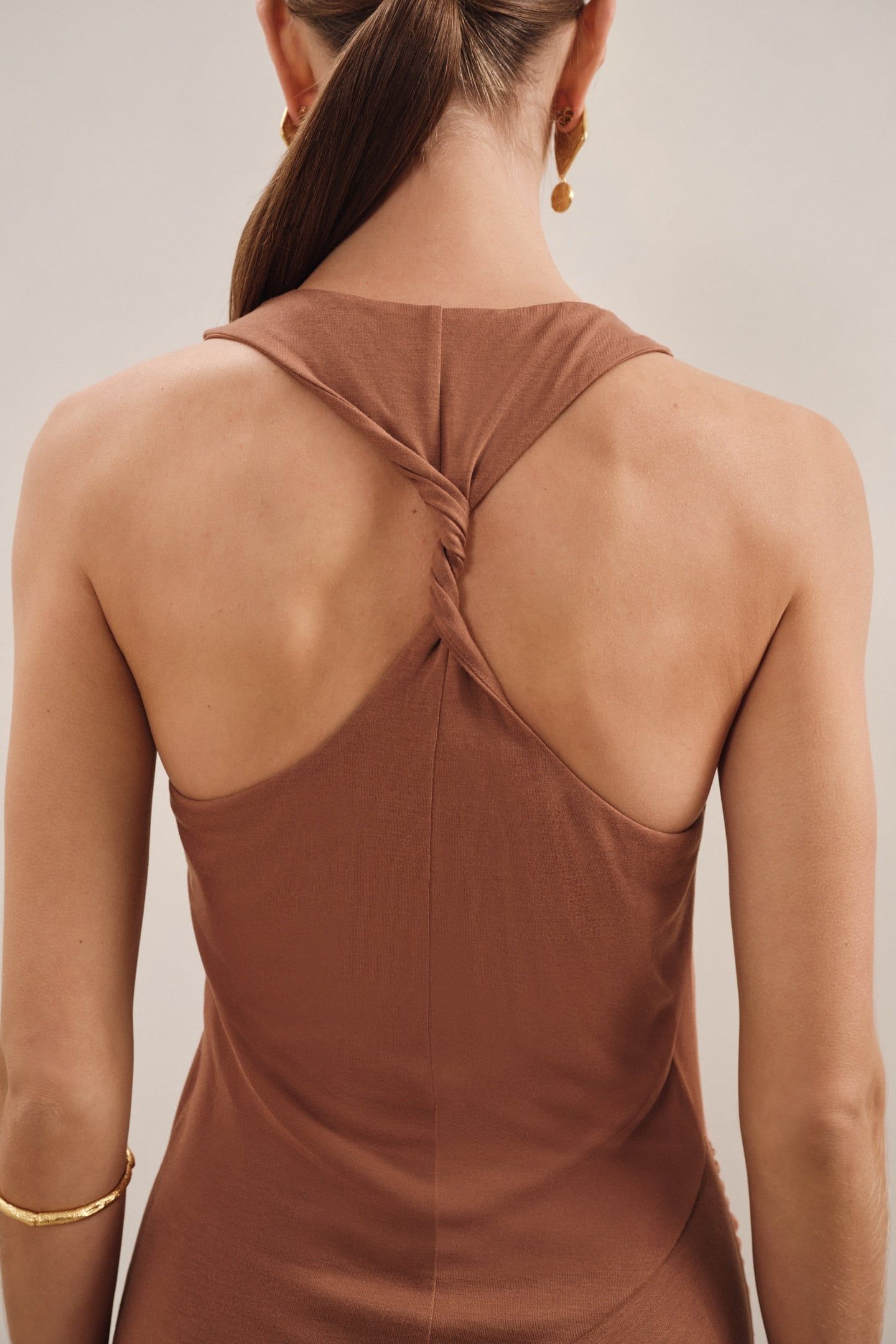 SIDE RUCHED JERSEY MIDI DRESS BROWN 2