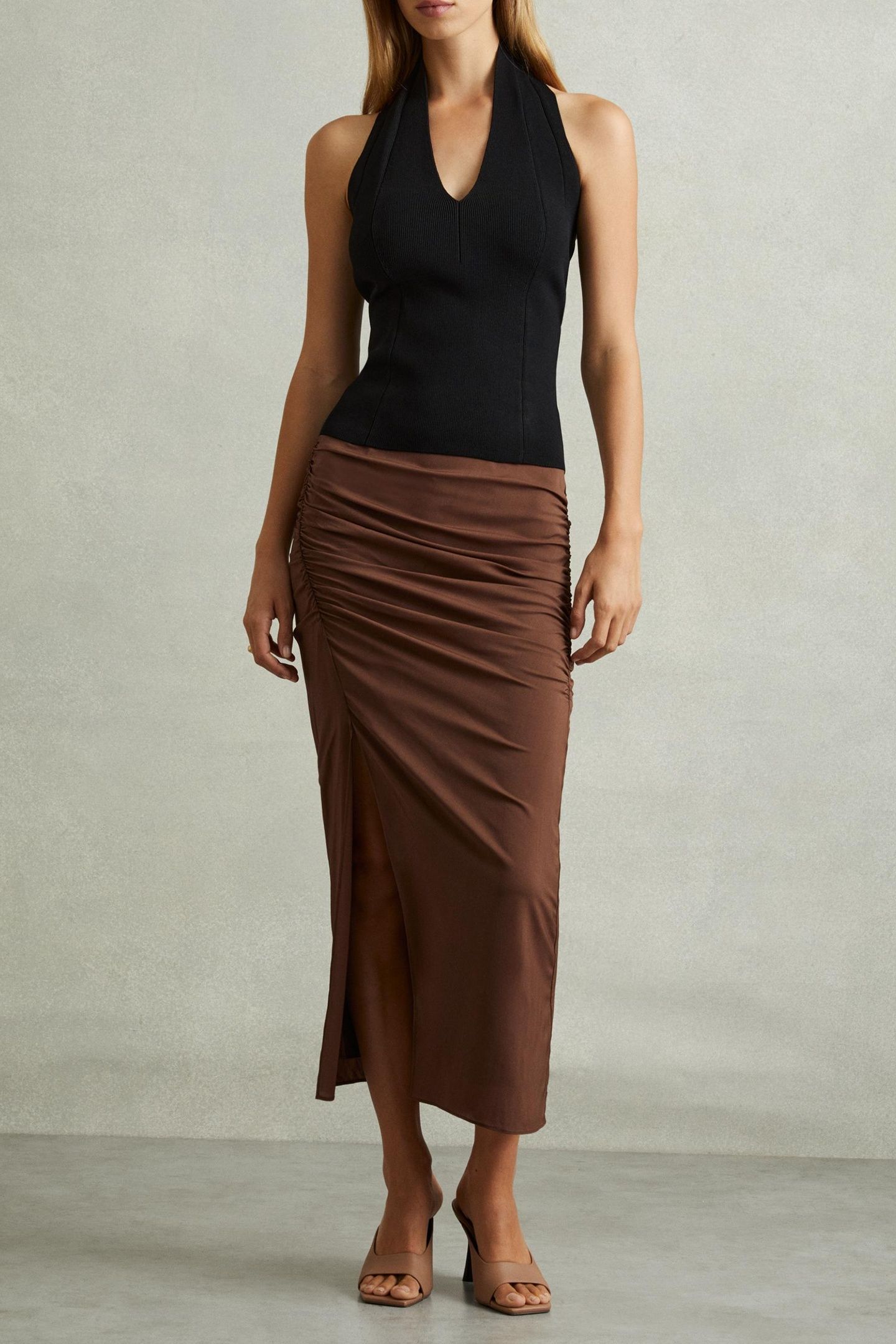 RUCHED MIDI SKIRT CHOCOLATE 2