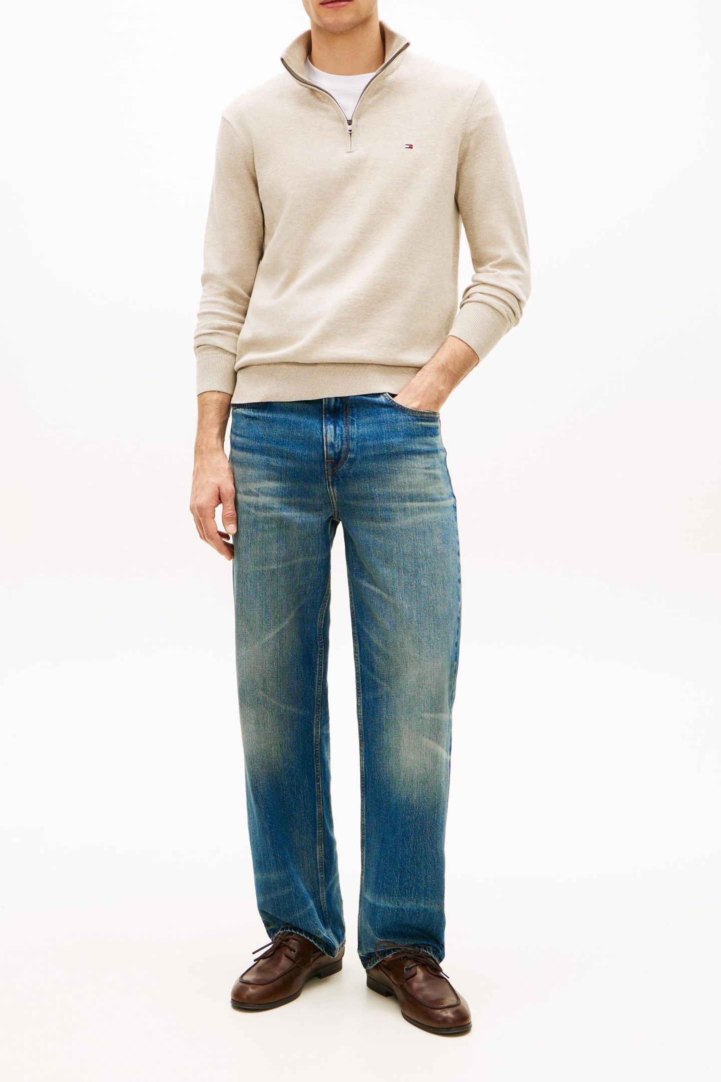 ESSENTIAL COTTON HALF ZIP SANDALWOOD HEATHER 1