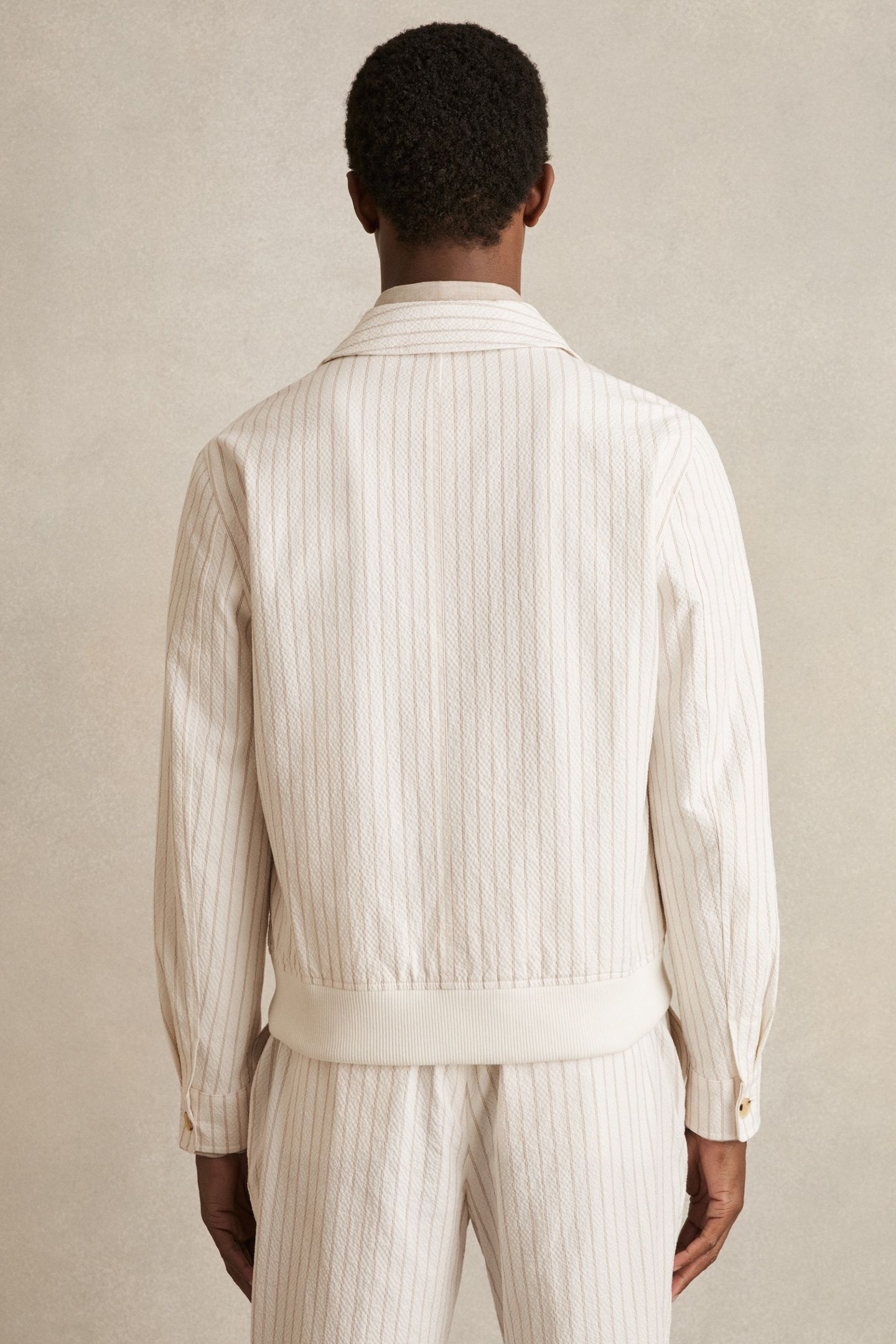 LS STRIPE SEERSUCKER HARRINGTON OFF WHITE/TAUPE BROWN 3