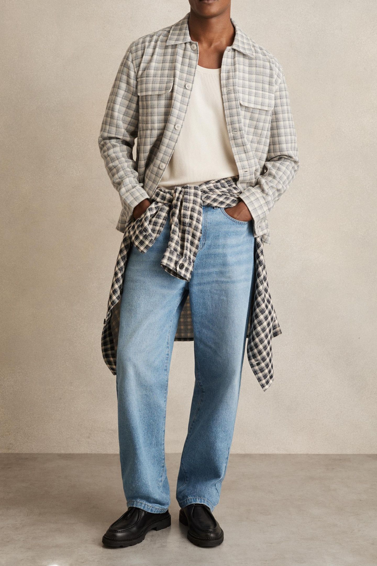 LS TEXTURED CHECK TWIN POCKET OVERSHIRT LIGHT GREY 4