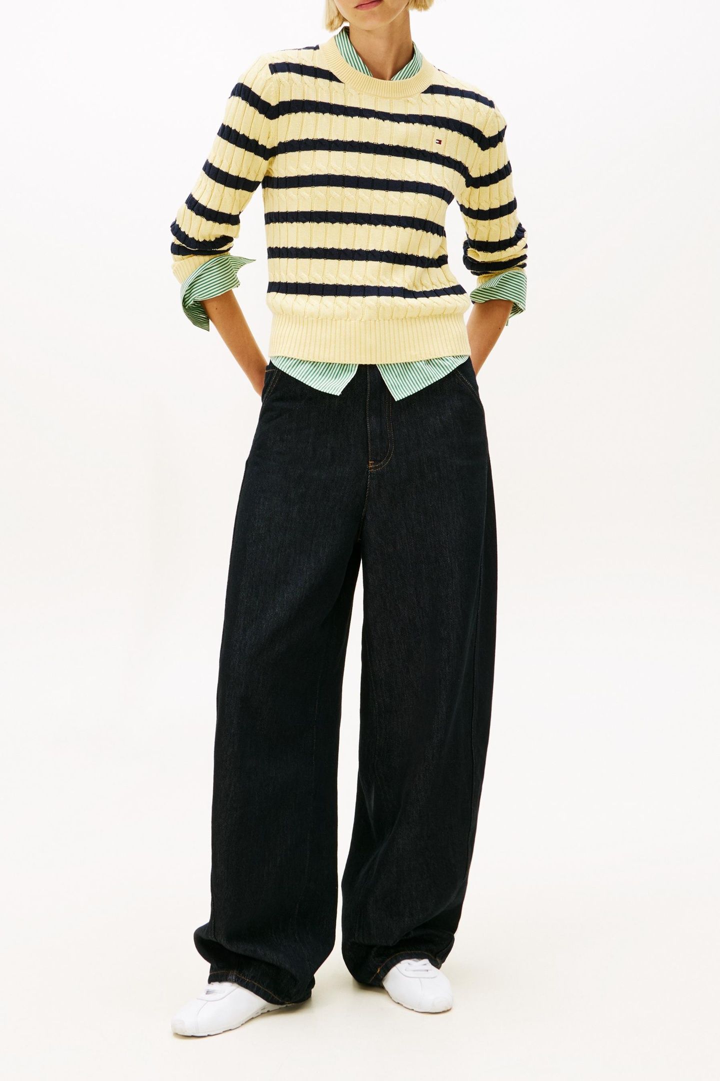 CABLE KNIT CREW NECK JUMPER ZESTY YELLOW/DARK NAVY 2