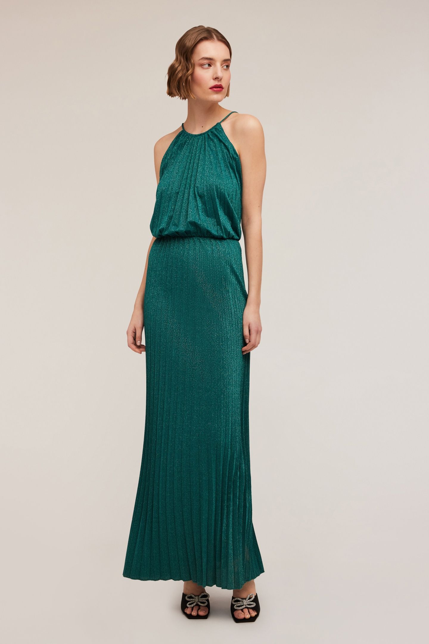 LONG PLEATED LUREX JERSEY DRESS GREEN 1