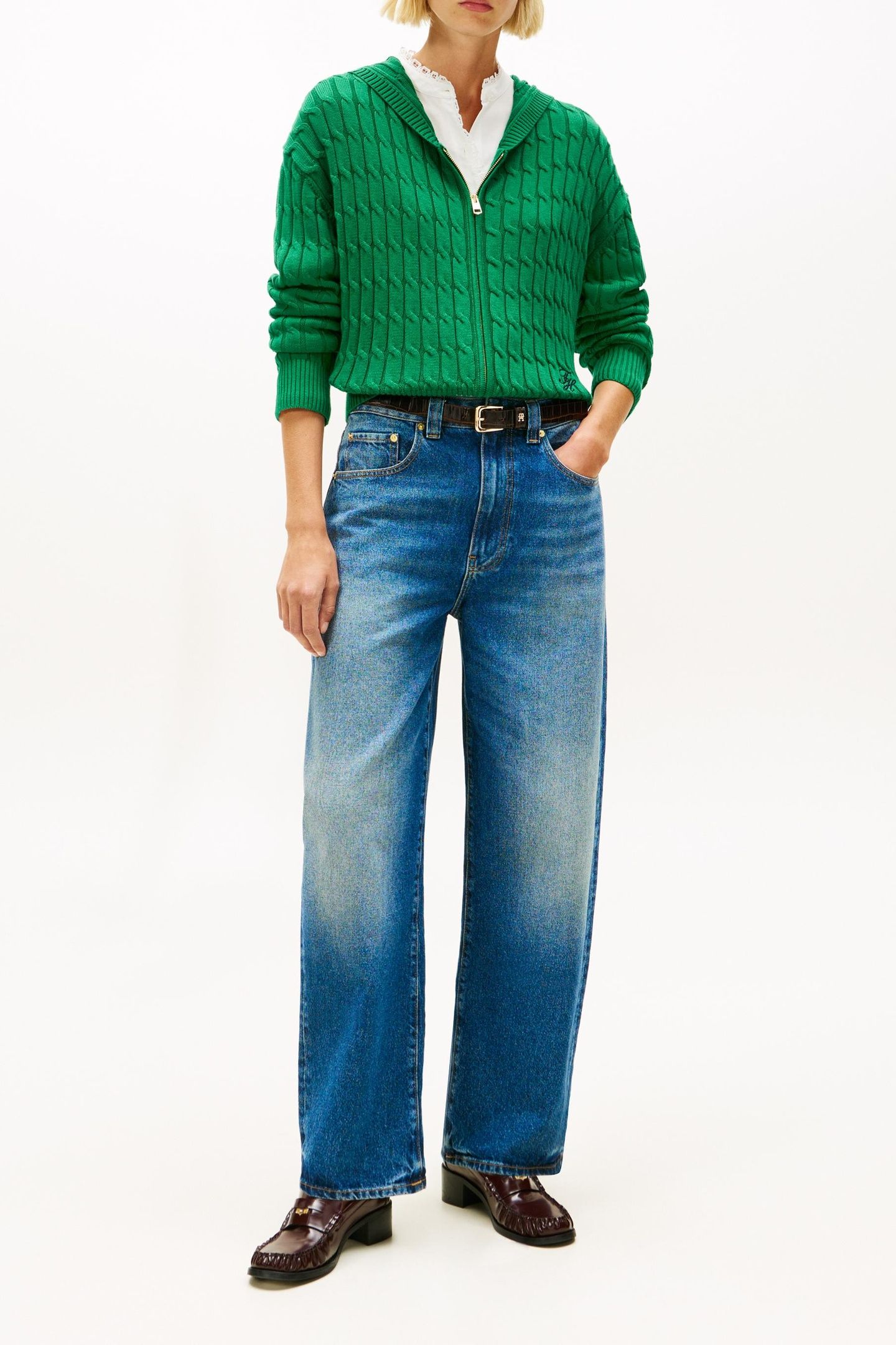 CABLE KNIT ZIP-THRU HOODY NOUVEAU GREEN 2
