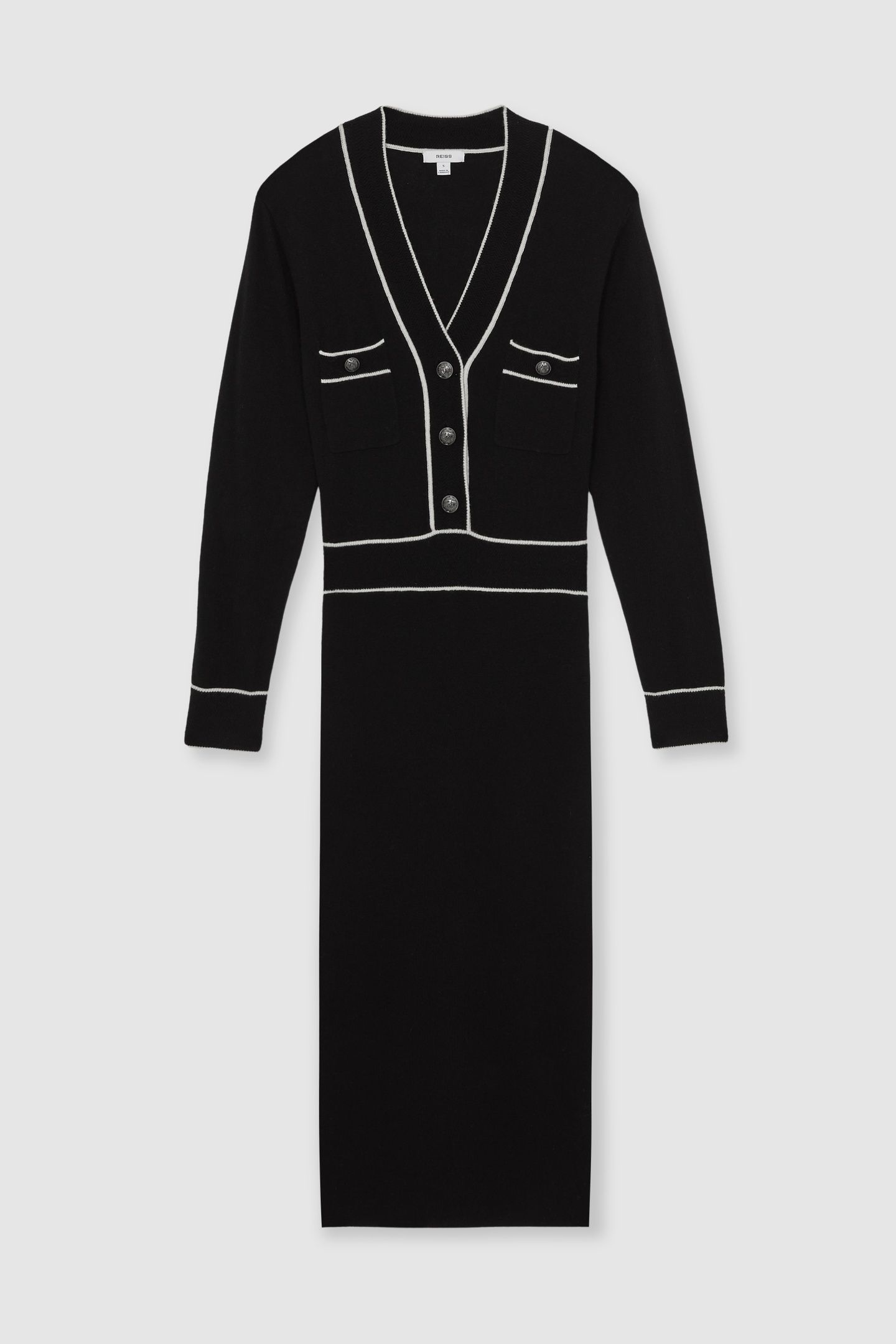 BUTTON FRONT KNITTED MIDI DRESS BLACK/IVORY 4