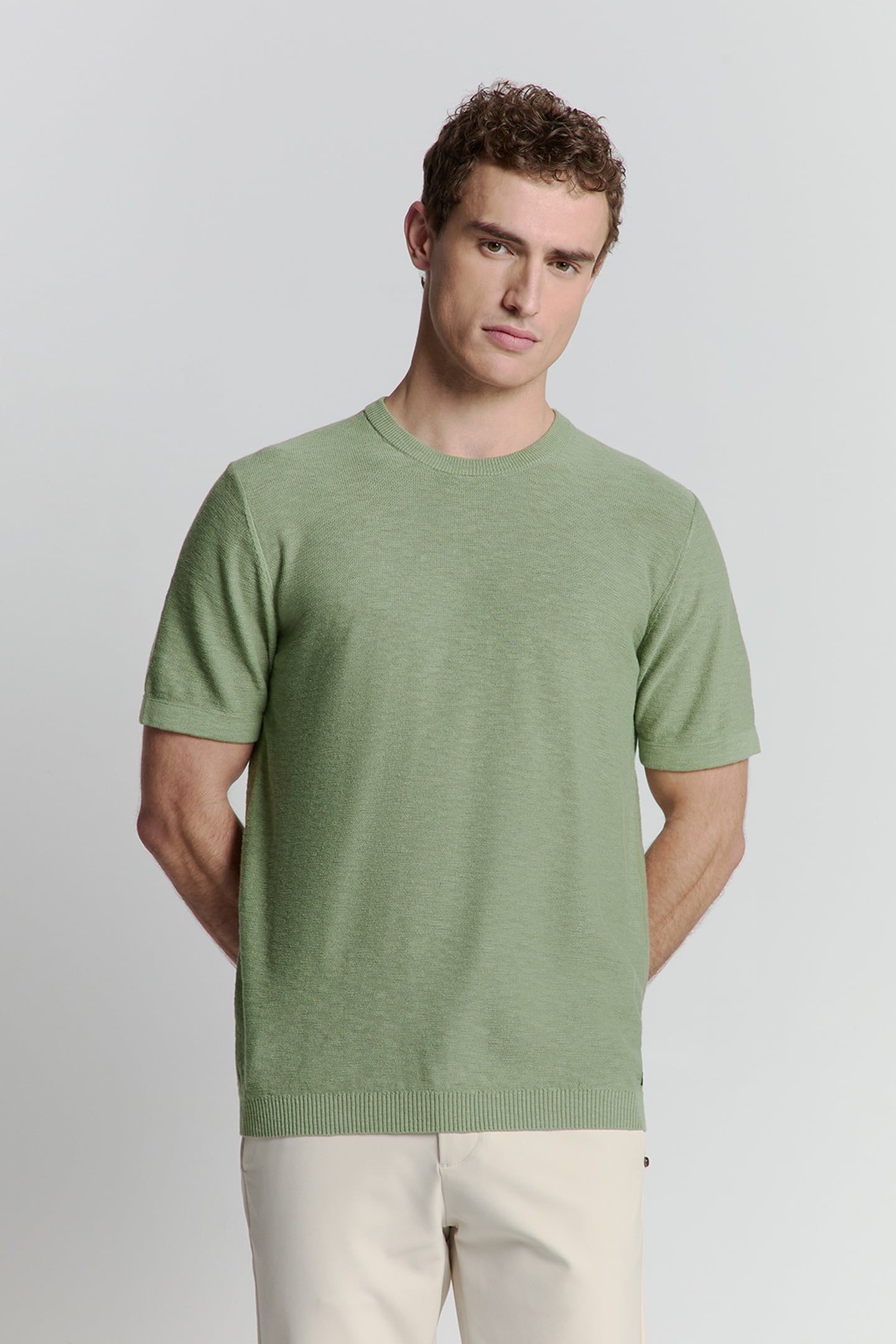 PULLOVER SHORT SLEEVE CREWNECK SOLID SLUB KNIT GREEN 1
