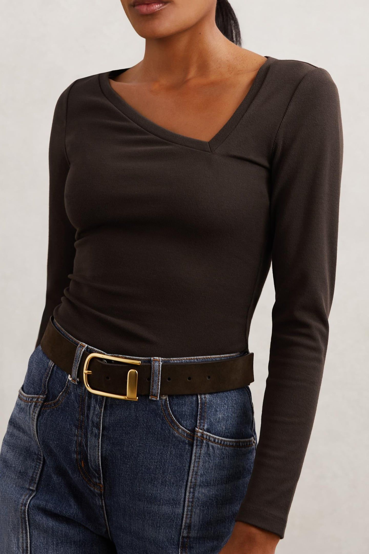 ASYMMETRIC NECK LONG SLEEVE TOP CHOCOLATE BROWN 1