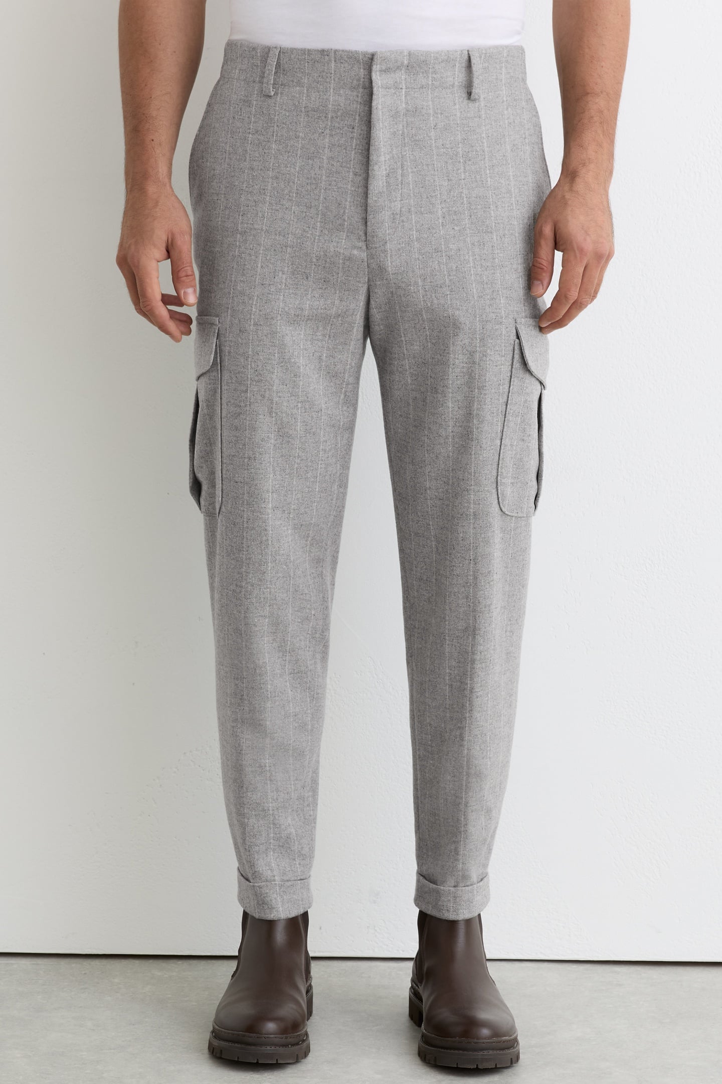 PINSTRIPE FLANNEL CARGO TROUSER SOFT GREY 1
