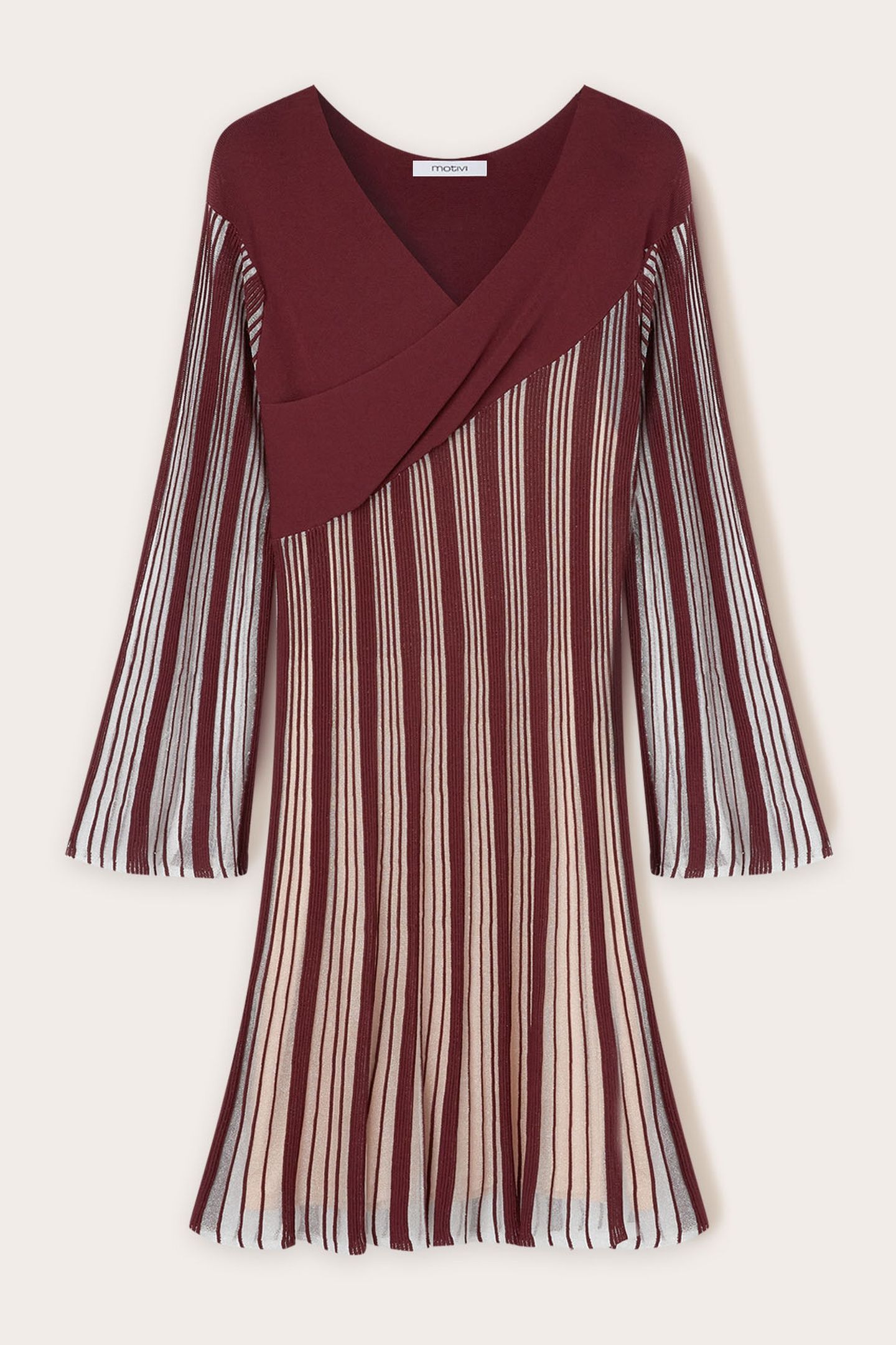 PLEATED EFFECT LUREX KNIT STRIPED DRESS BURGUNDY 4