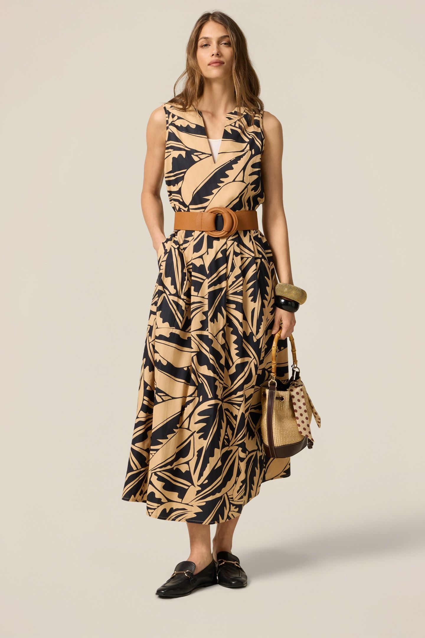 PATTERNED POPLIN DRESS BEIGE 1