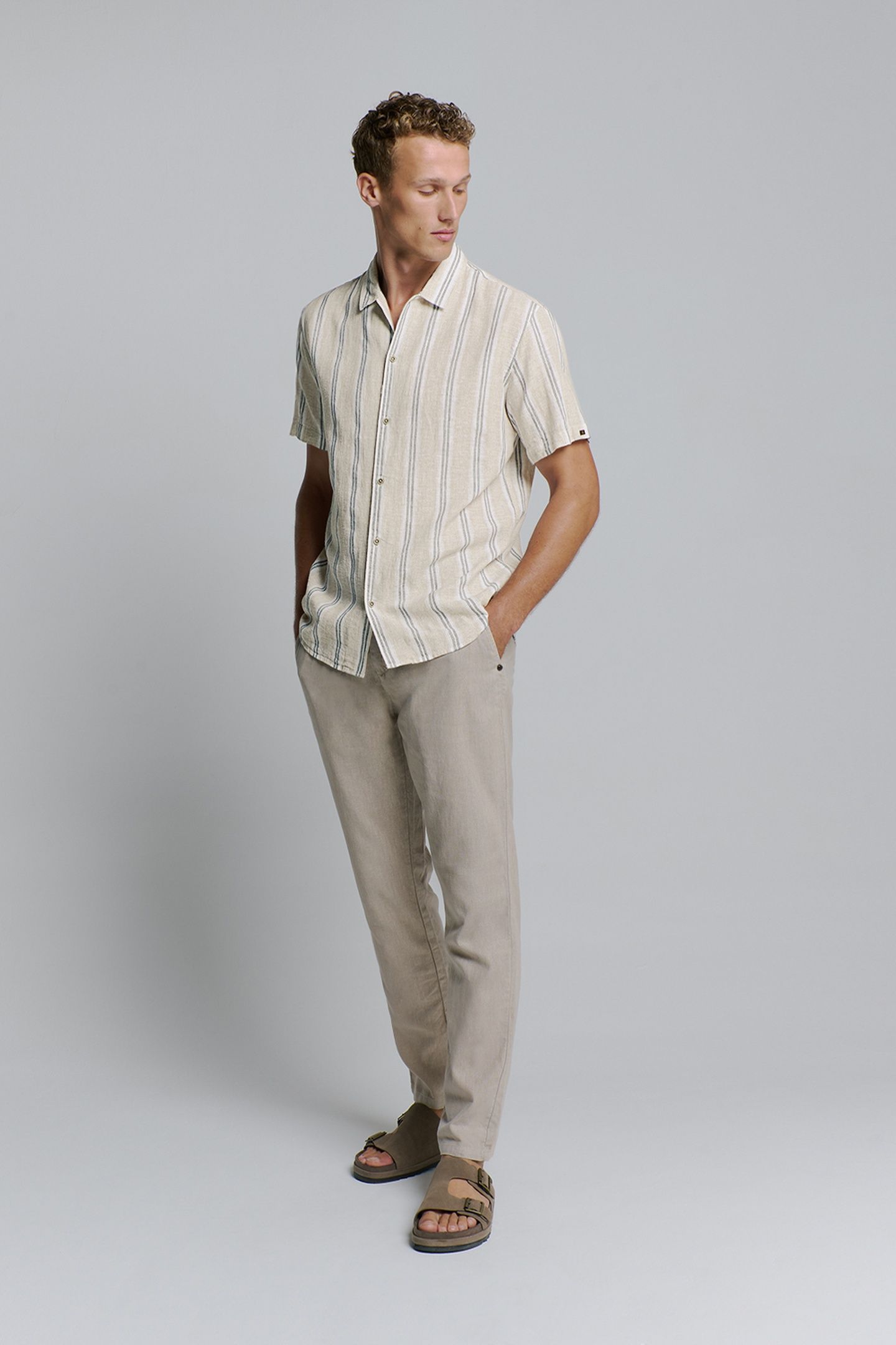 SHIRT SHORT SLEEVE DOBBY VERTICAL STRIPE WITH LINEN CEMENT 2