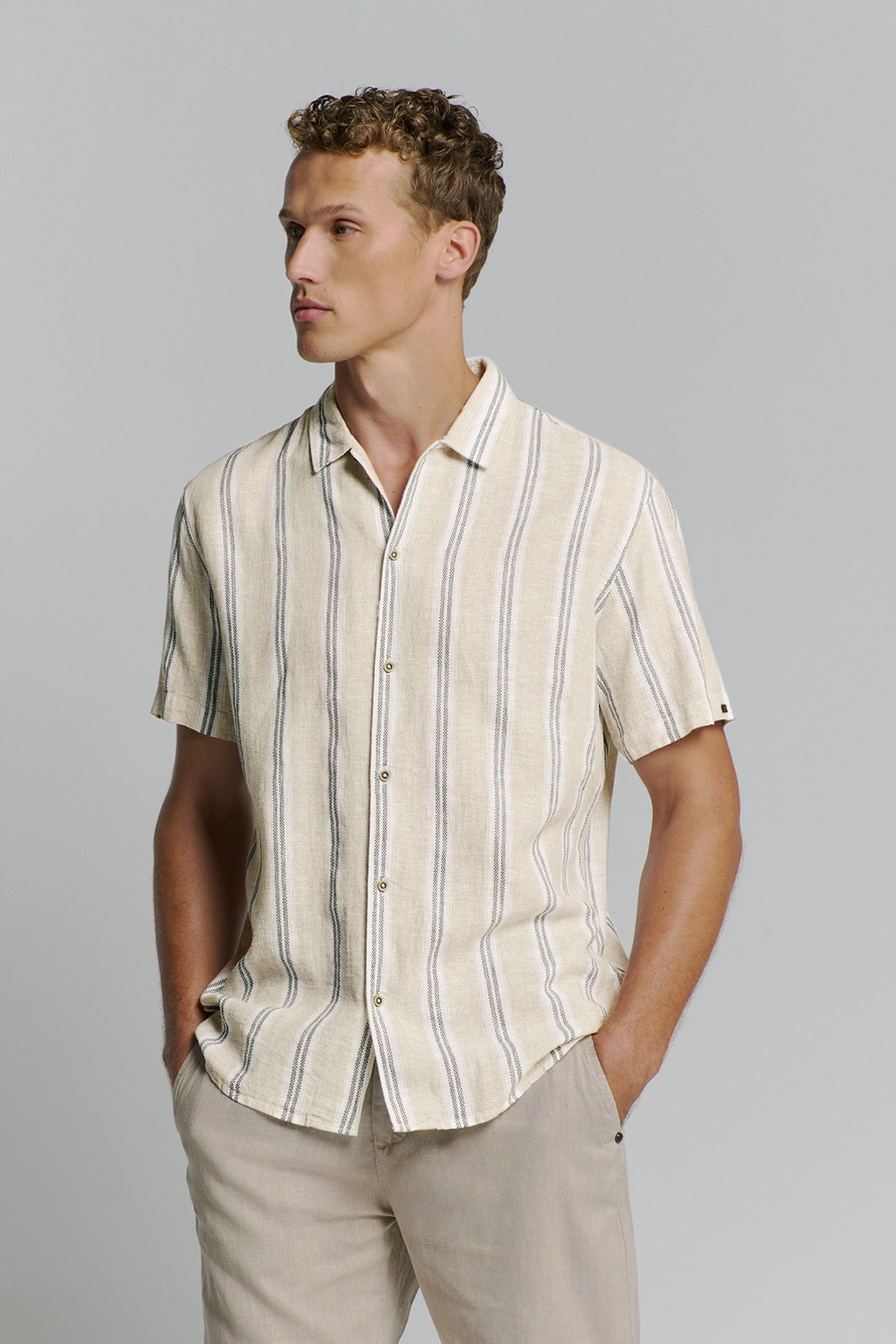 SHIRT SHORT SLEEVE DOBBY VERTICAL STRIPE WITH LINEN CEMENT 1