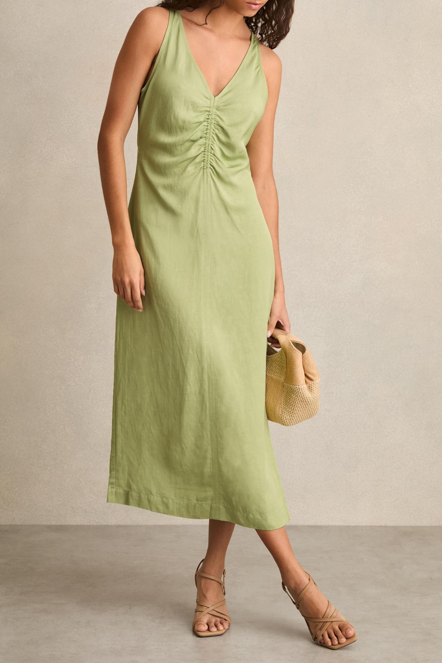 RUCHED LINEN DRESS GREEN 3