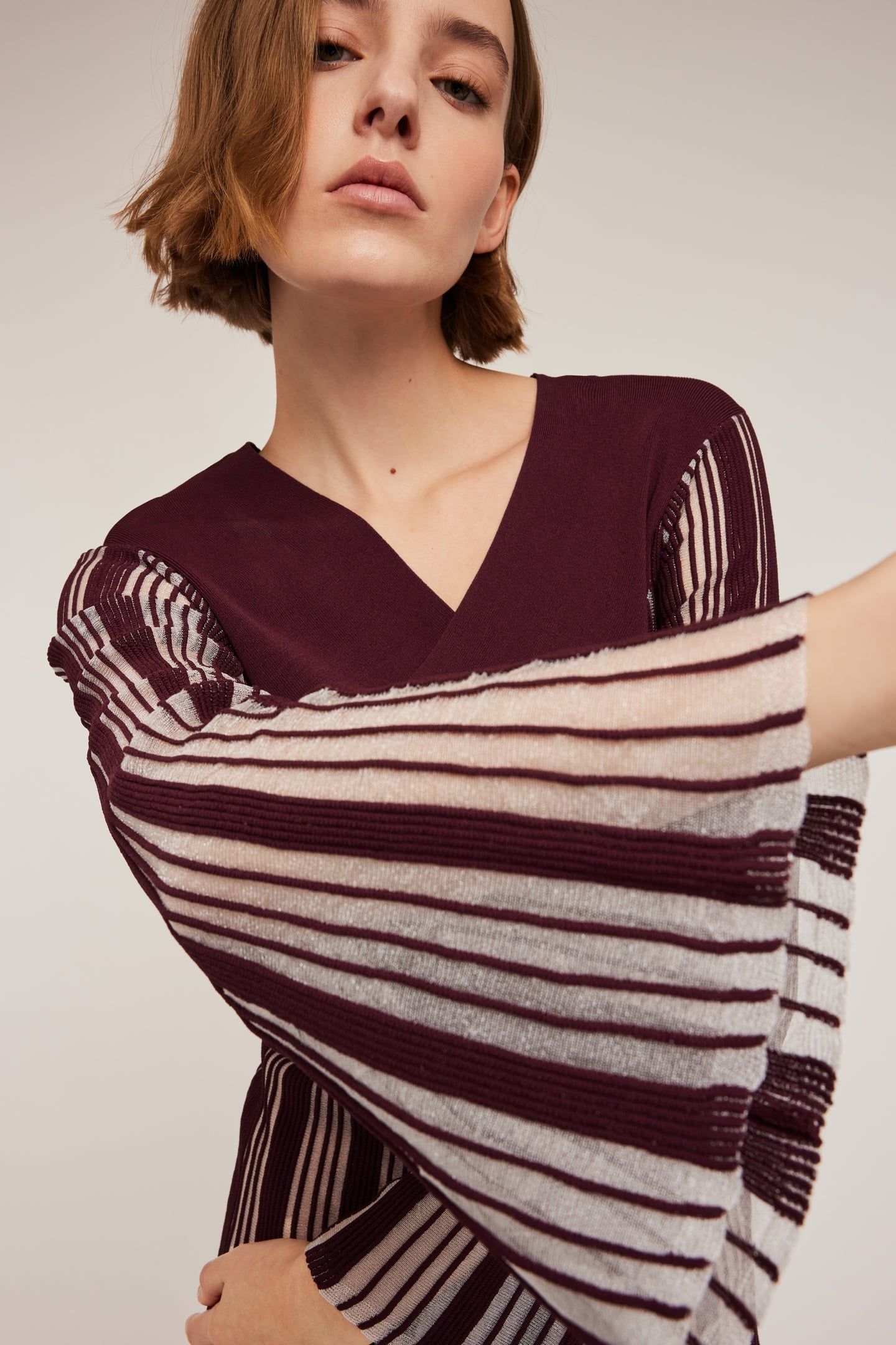 PLEATED EFFECT LUREX KNIT STRIPED DRESS BURGUNDY 3