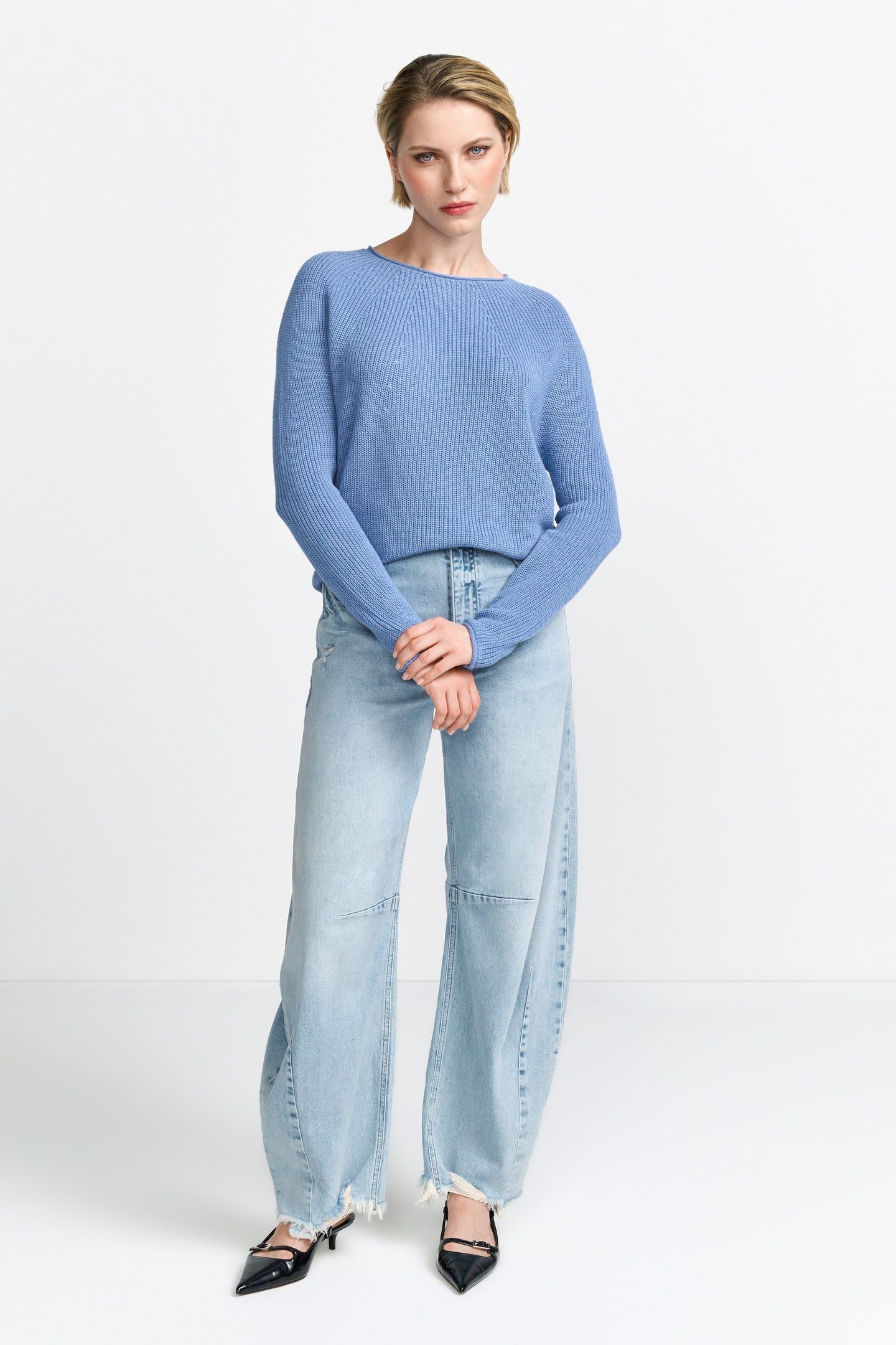 SEAMLESS CREW NECK HALF CARDIGAN VINTAGE BLUE 2