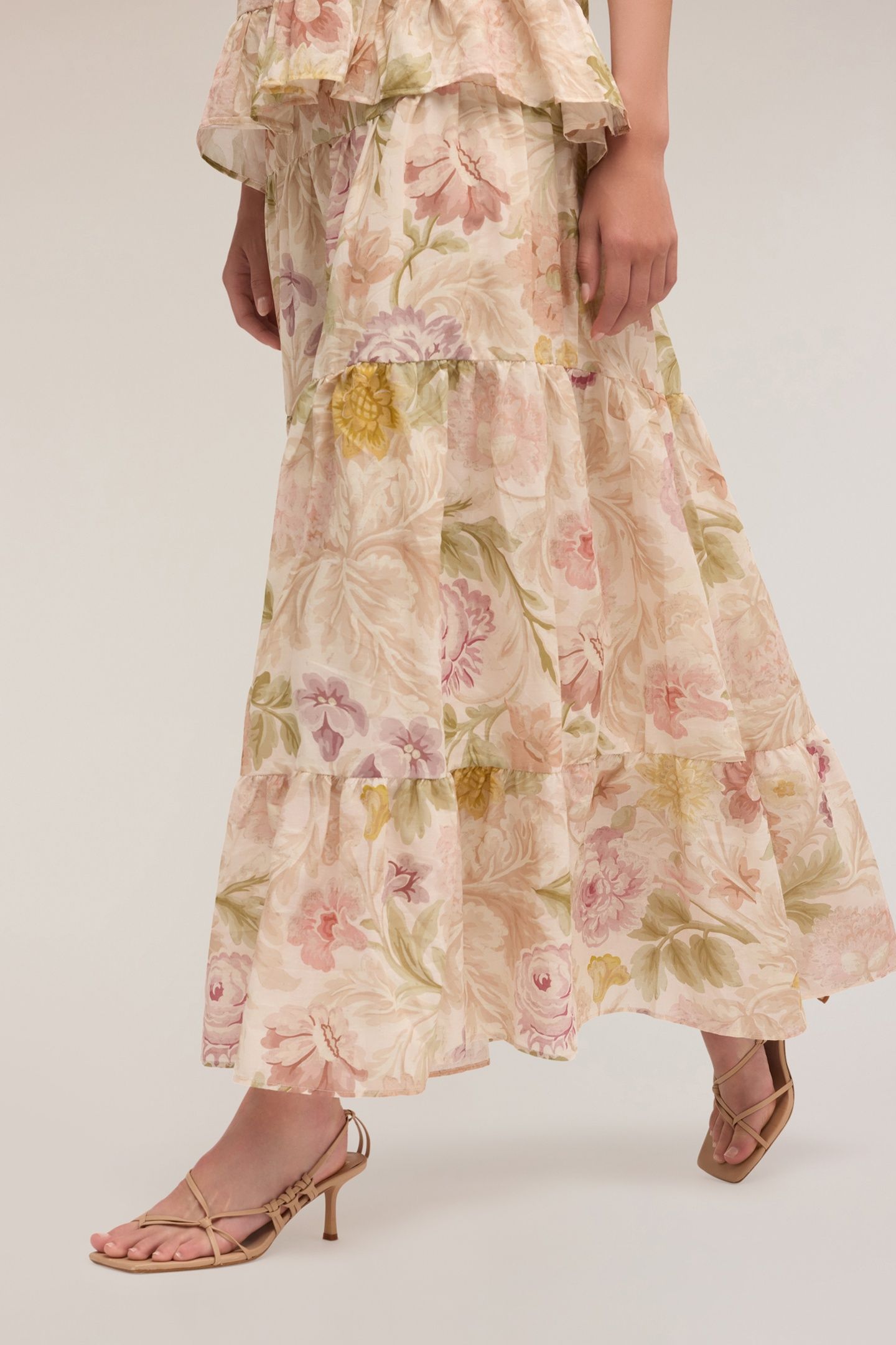 LONG FLOUNCED SKIRT WITH FLORAL PATTERN POWDER PINK 2