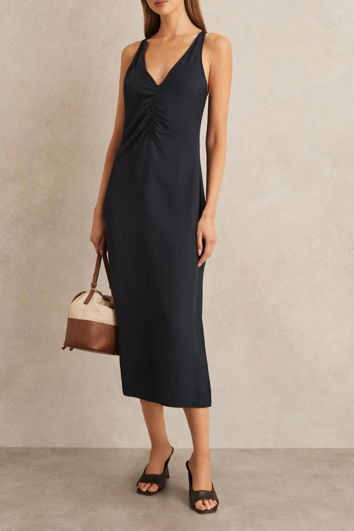 RUCHED LINEN DRESS NAVY 1