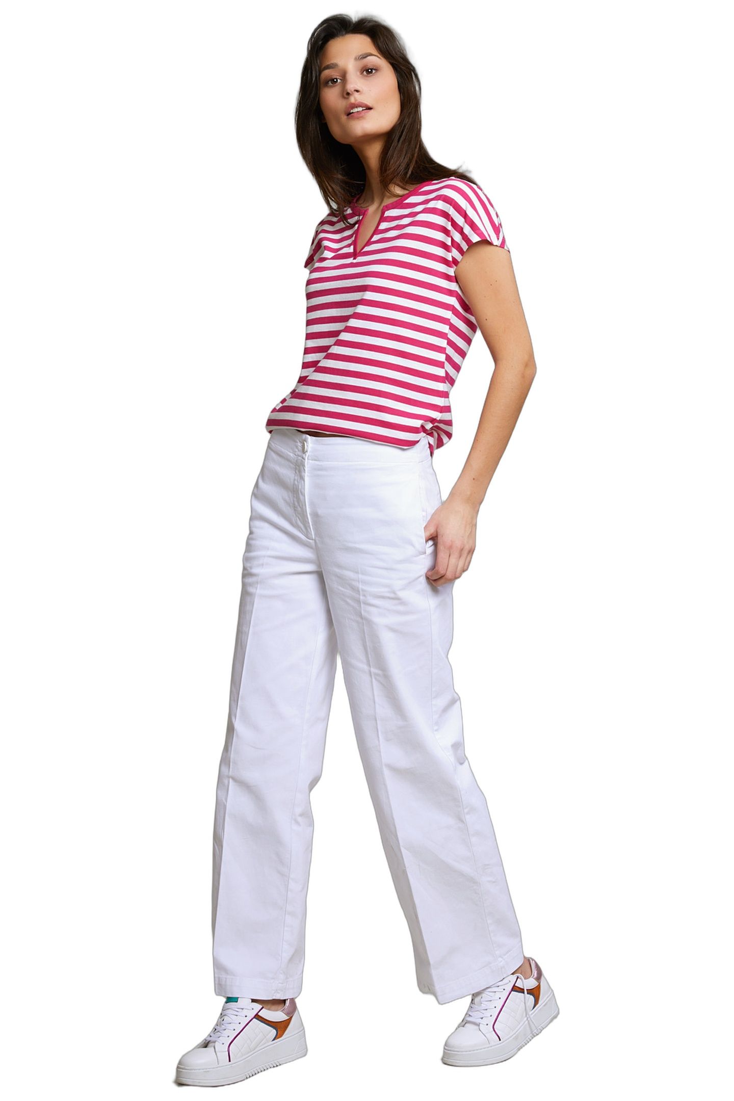 FUCHSIA/WHITE STRIPED V-NECK T-SHIRT 1