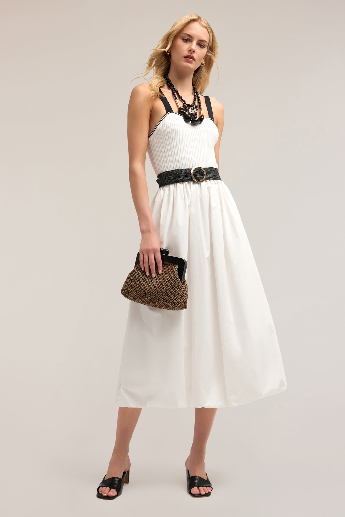 DUAL FABRIC DRESS WITH CIRCLE SKIRT WHITE 1