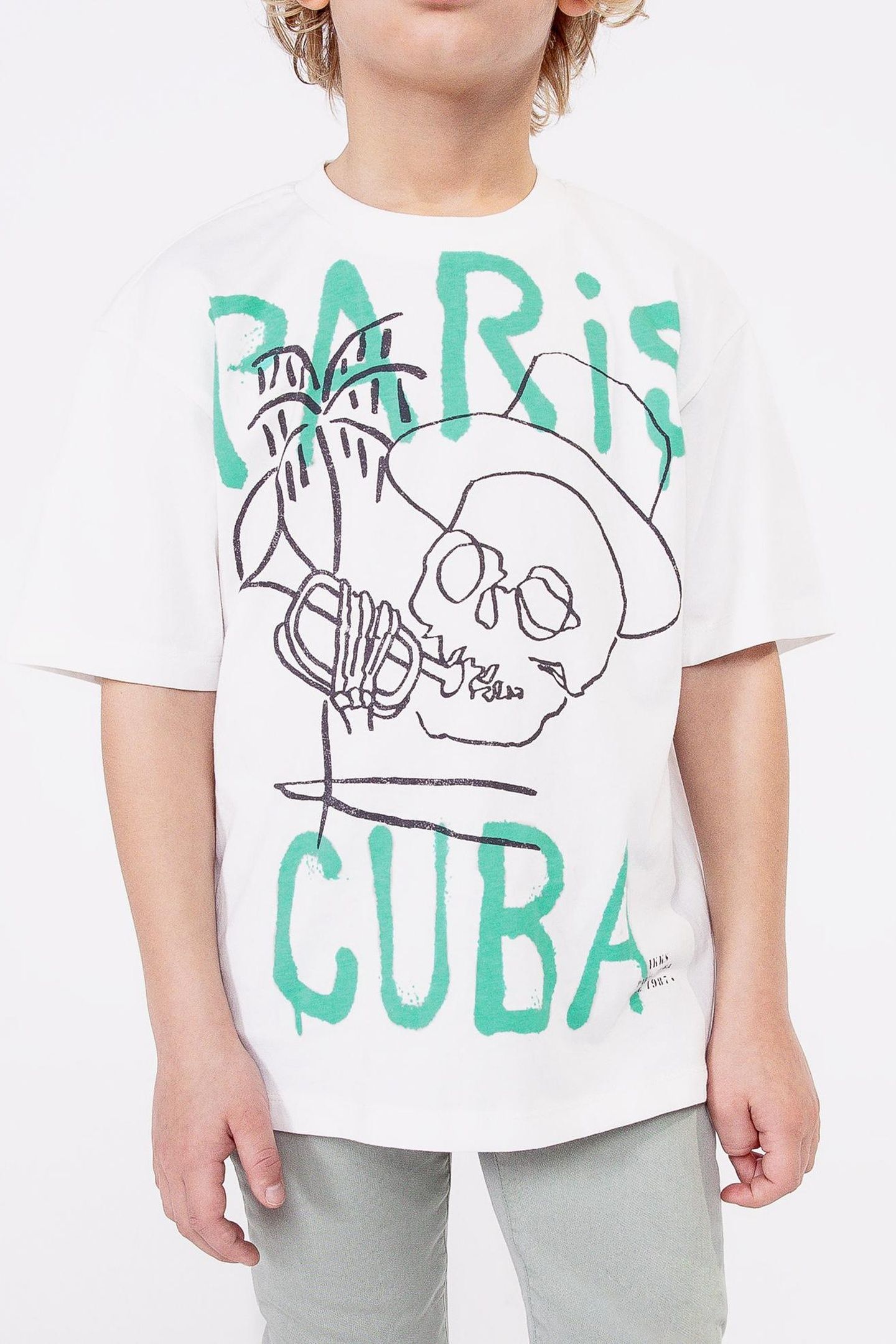 BOYS' WHITE ORGANIC COTTON T-SHIRT, TRUMPET PLAYER IMAGE 1