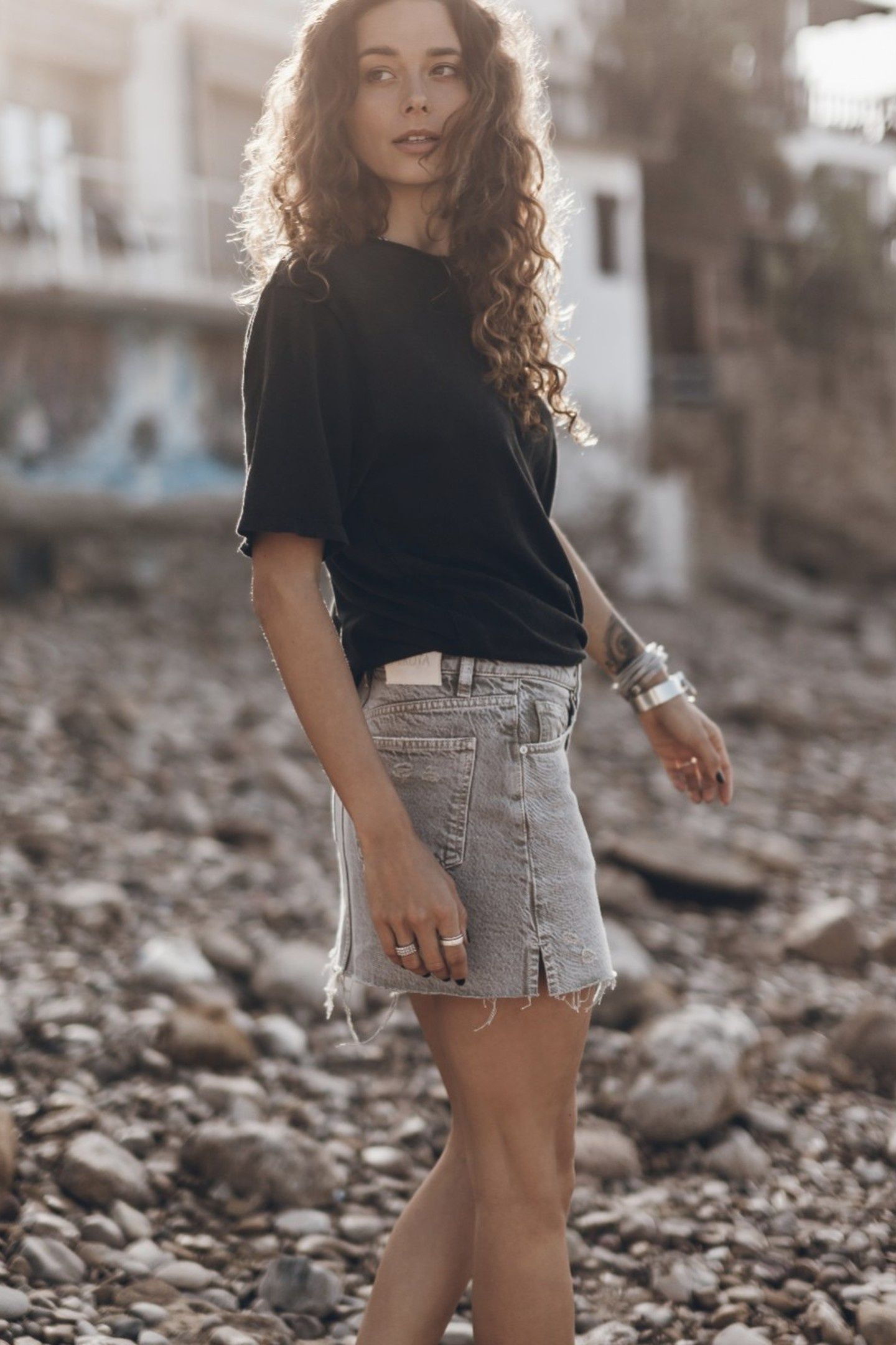 THE KHAKI FADED SLIT DENIM SKIRT GREEN 2