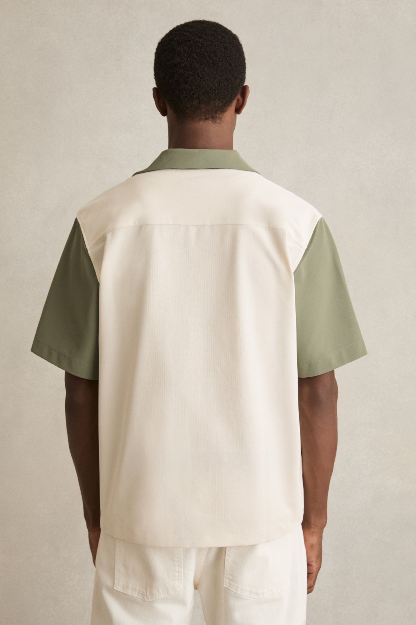 SS TEXTURED COLOUR BLOCK CUBAN SHIRT OFF WHITE/SAGE 3