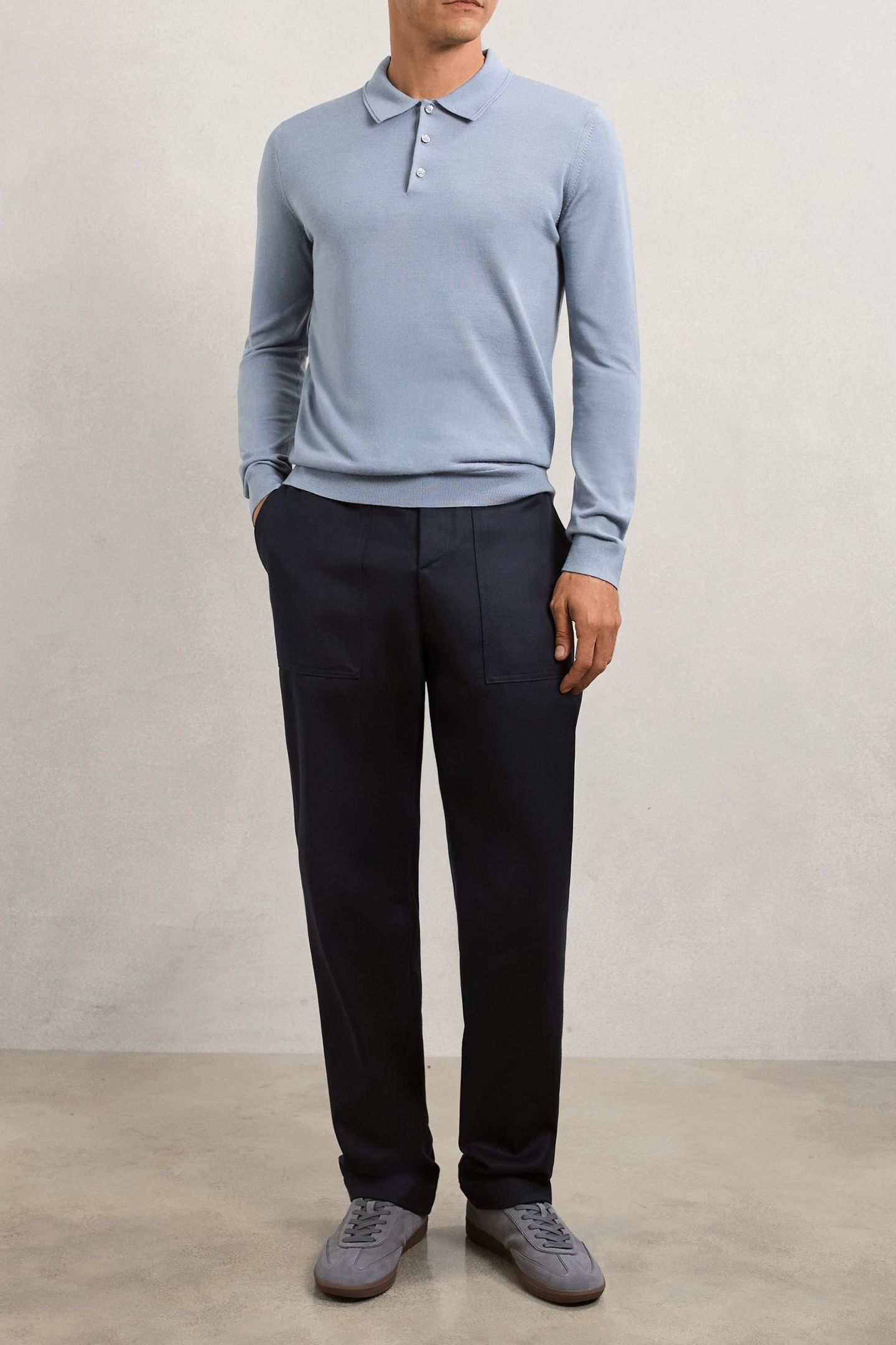 LS HALF BUTTON MERINO WOOL POLO STEEL BLUE 1
