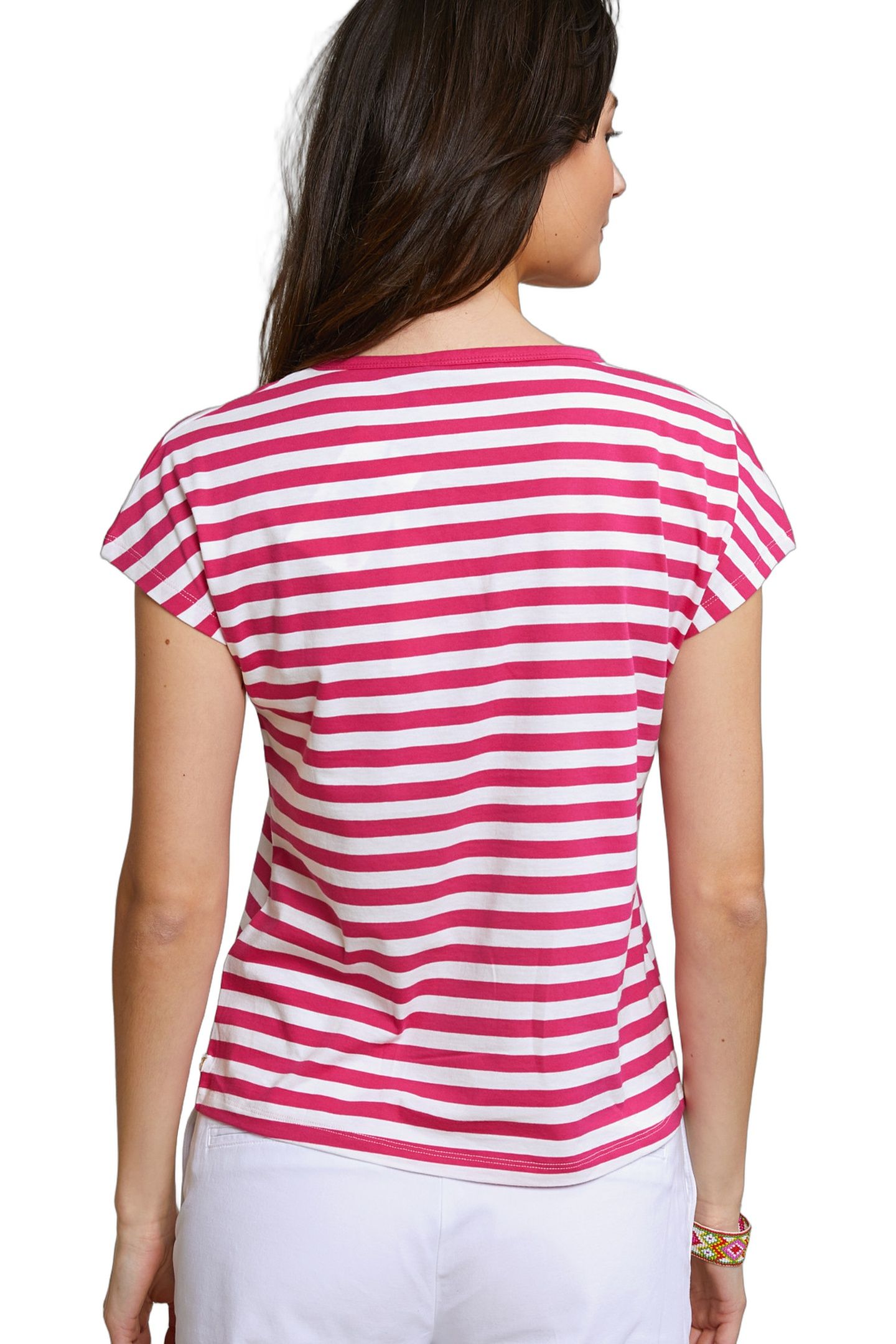 FUCHSIA/WHITE STRIPED V-NECK T-SHIRT 3
