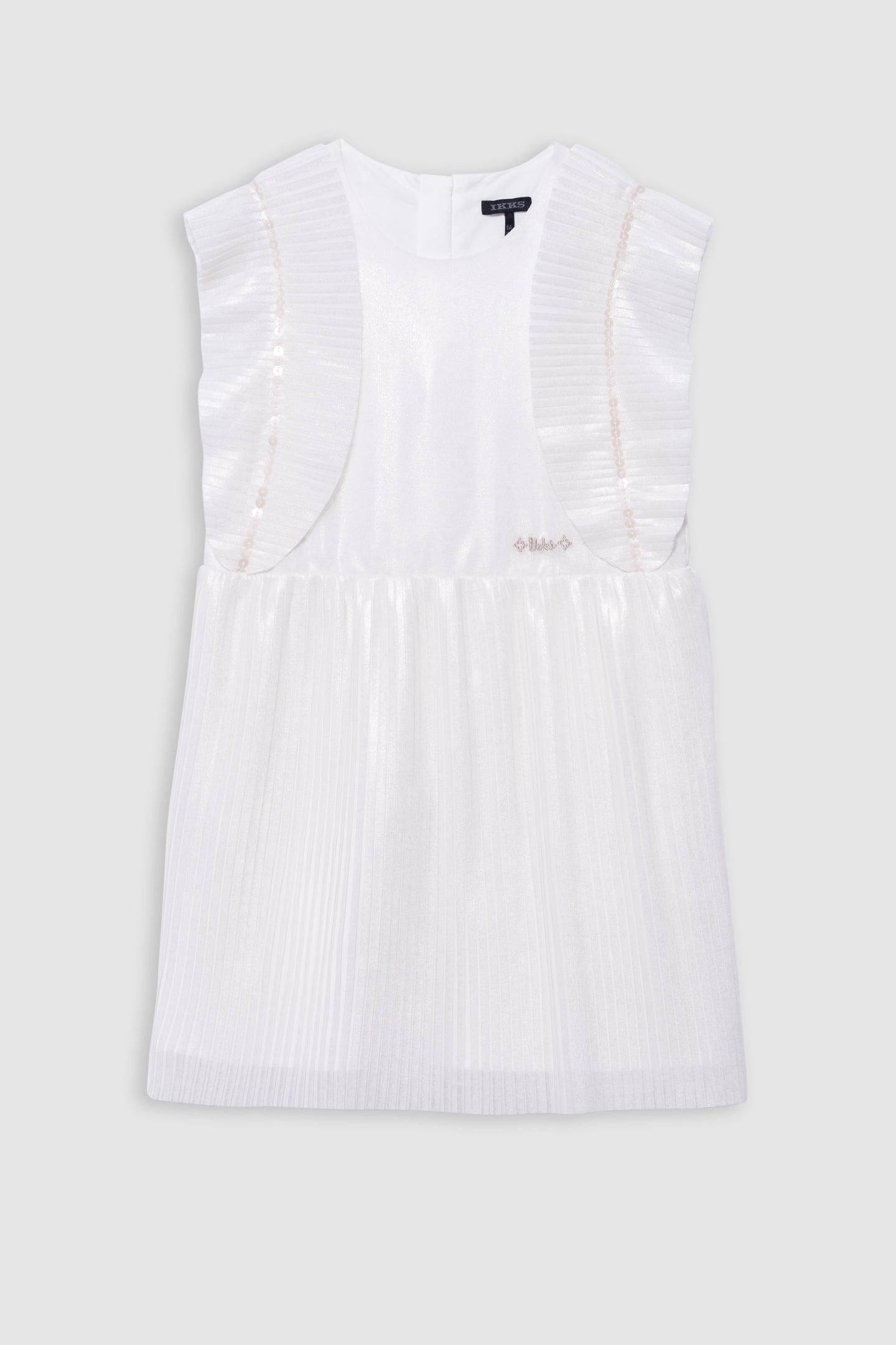 ECRU IRIDESCENT PLEATED DRESS WITH RUFFLED SLEEVES 1