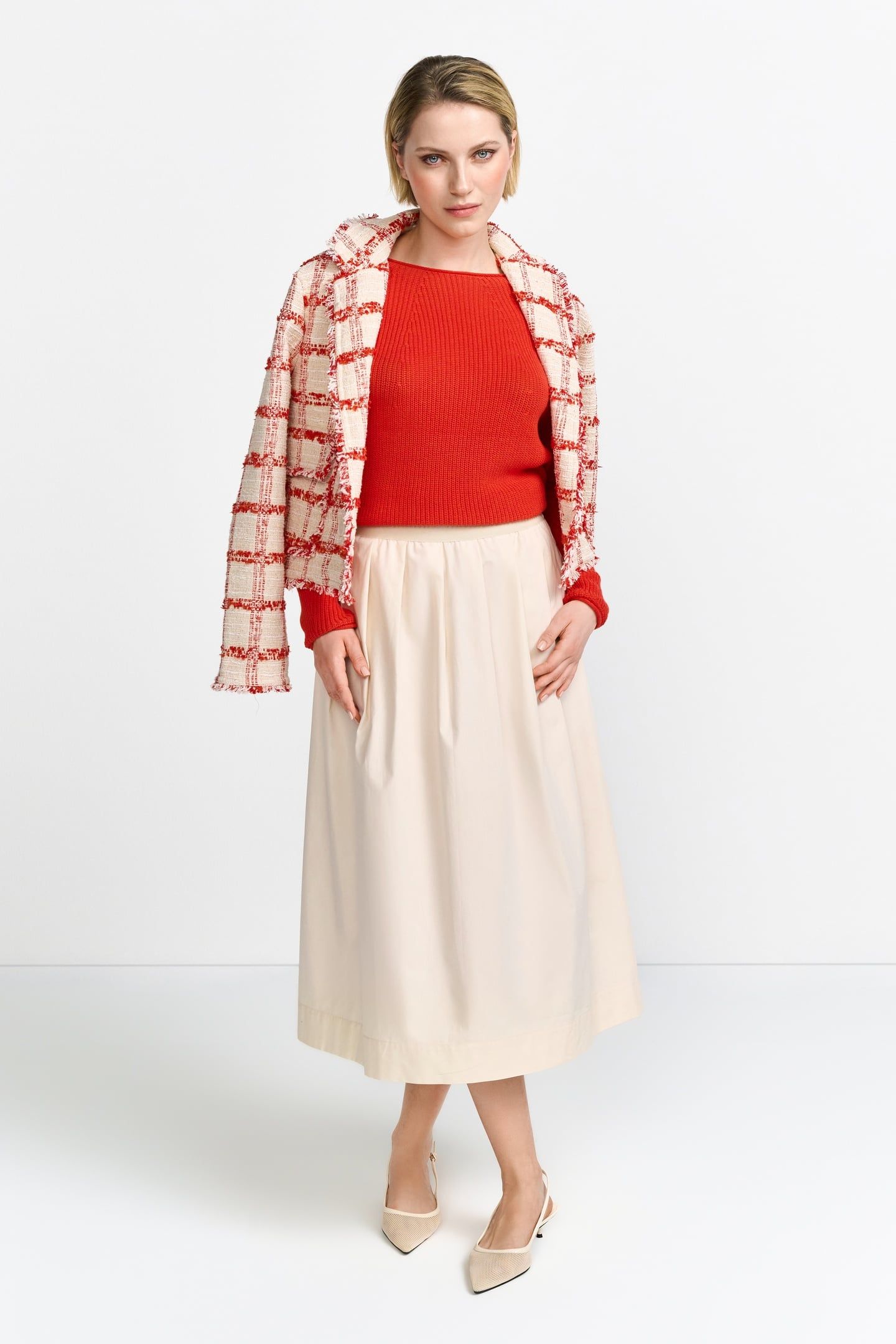 SEAMLESS CREW NECK HALF CARDIGAN SUNSET RED 1